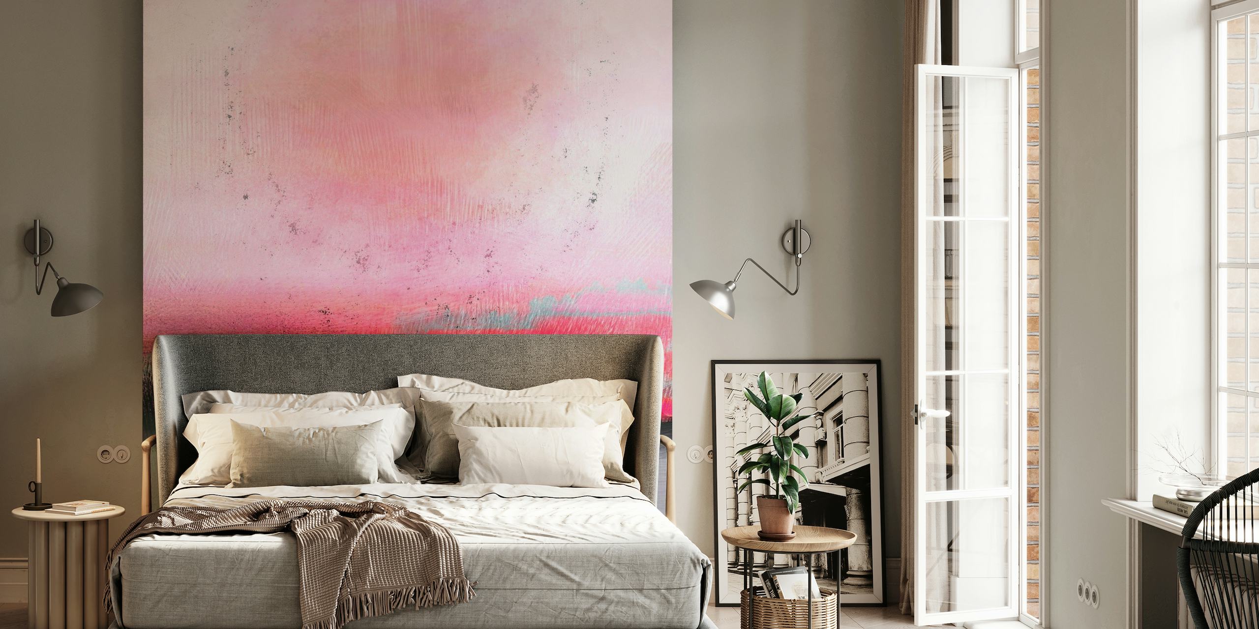 Abstrakti vaaleanpunainen ja harmaa moderni maisemamaalaus