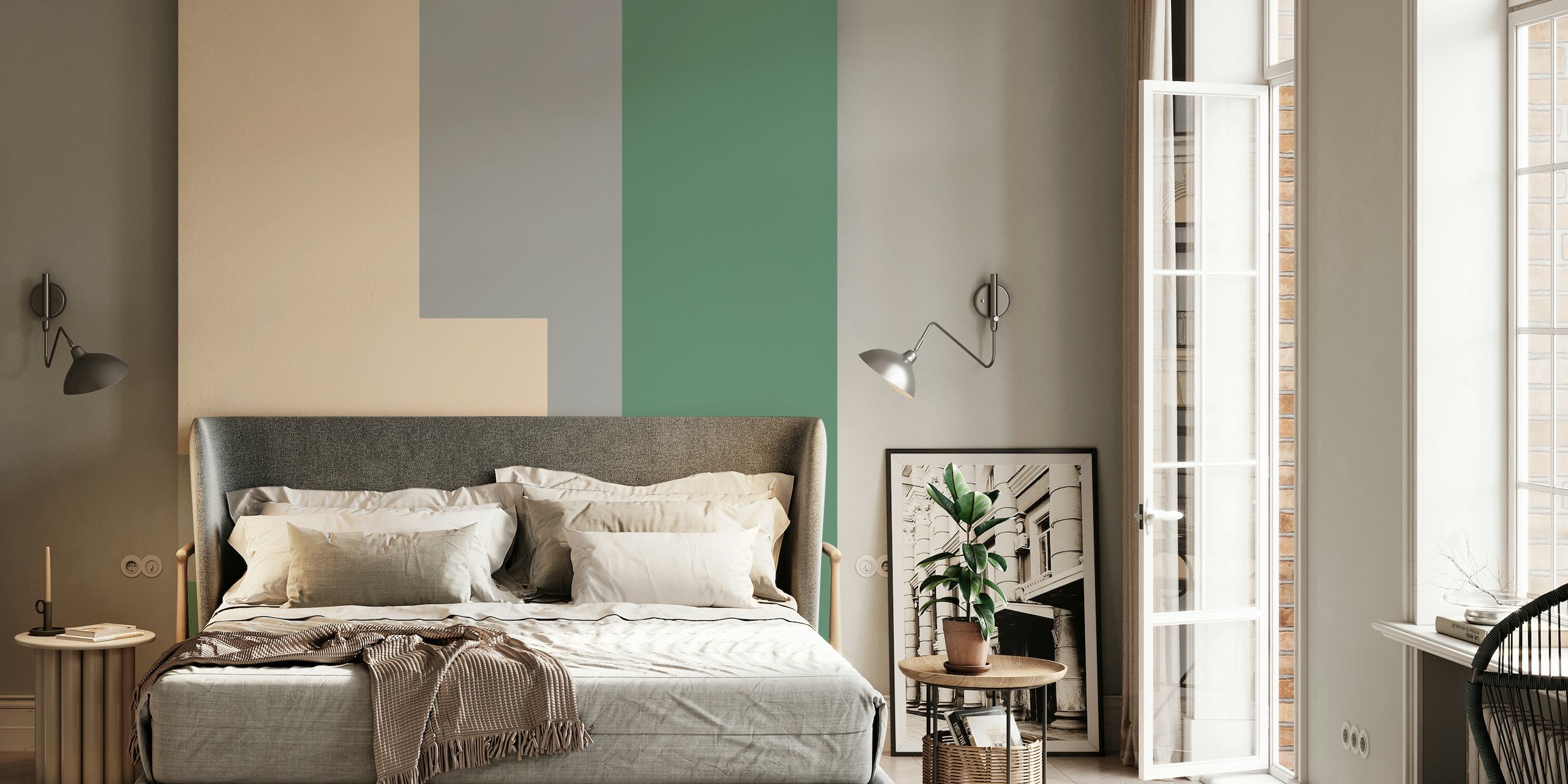 Minimal Shapes Green wall mural with abstract geometric design