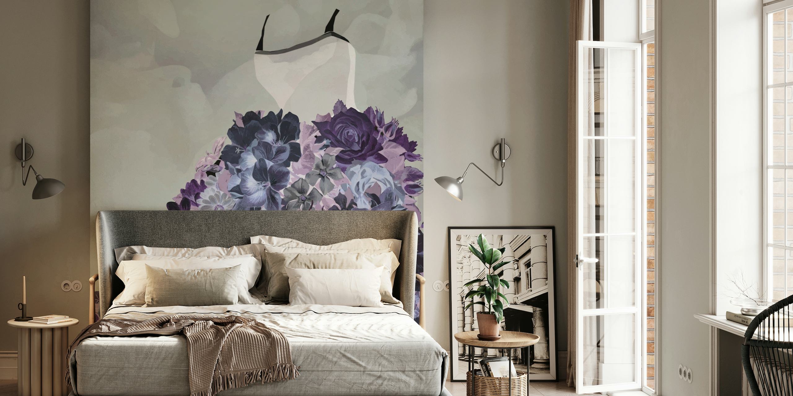 Grey Pink Feminine Flower Art papel de parede