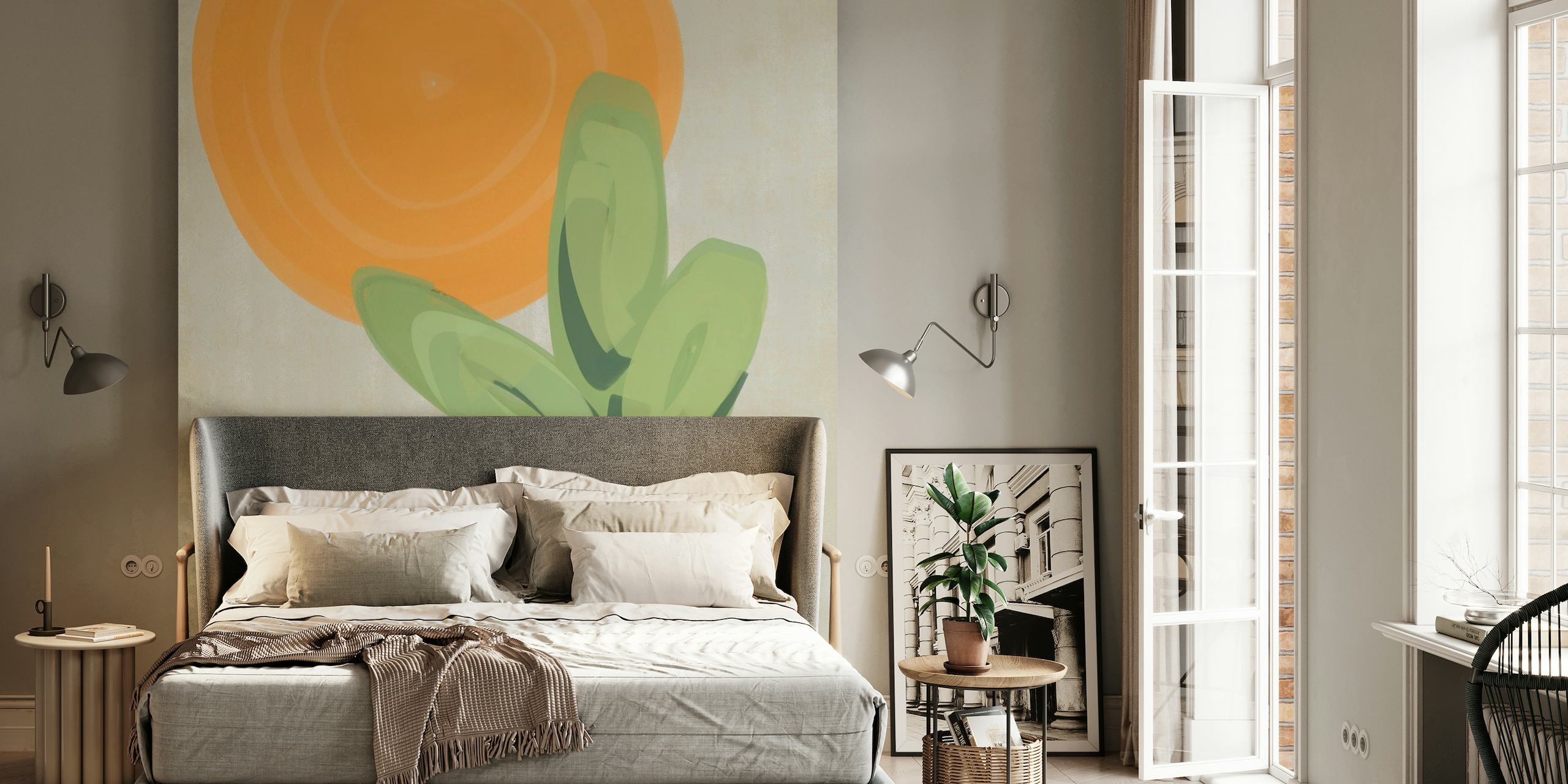 Abstract zon en potplant muurschildering ontwerp