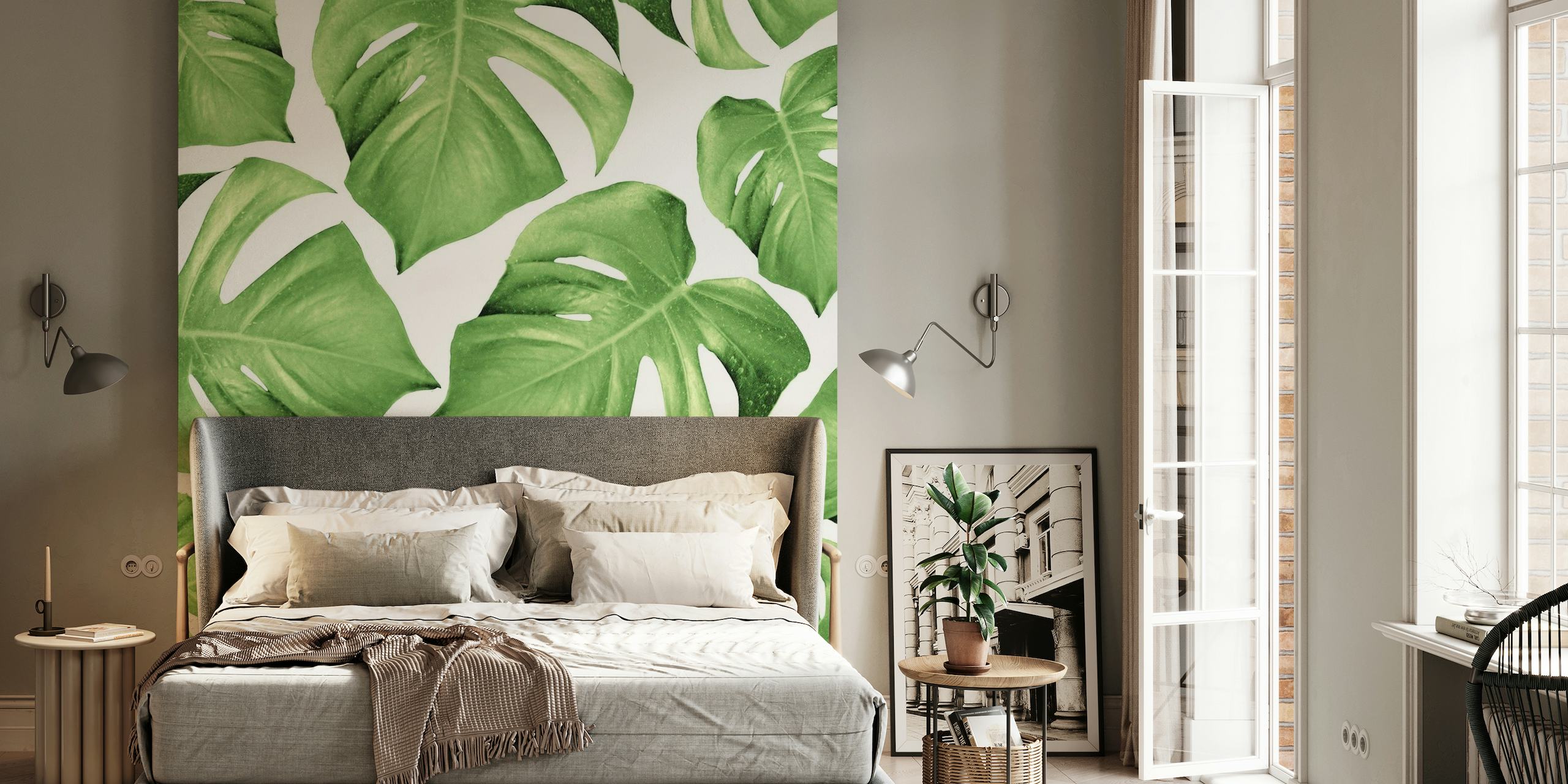Monstera Leaves Green 1 wall mural showing a pattern of lush tropical monstera leaves.