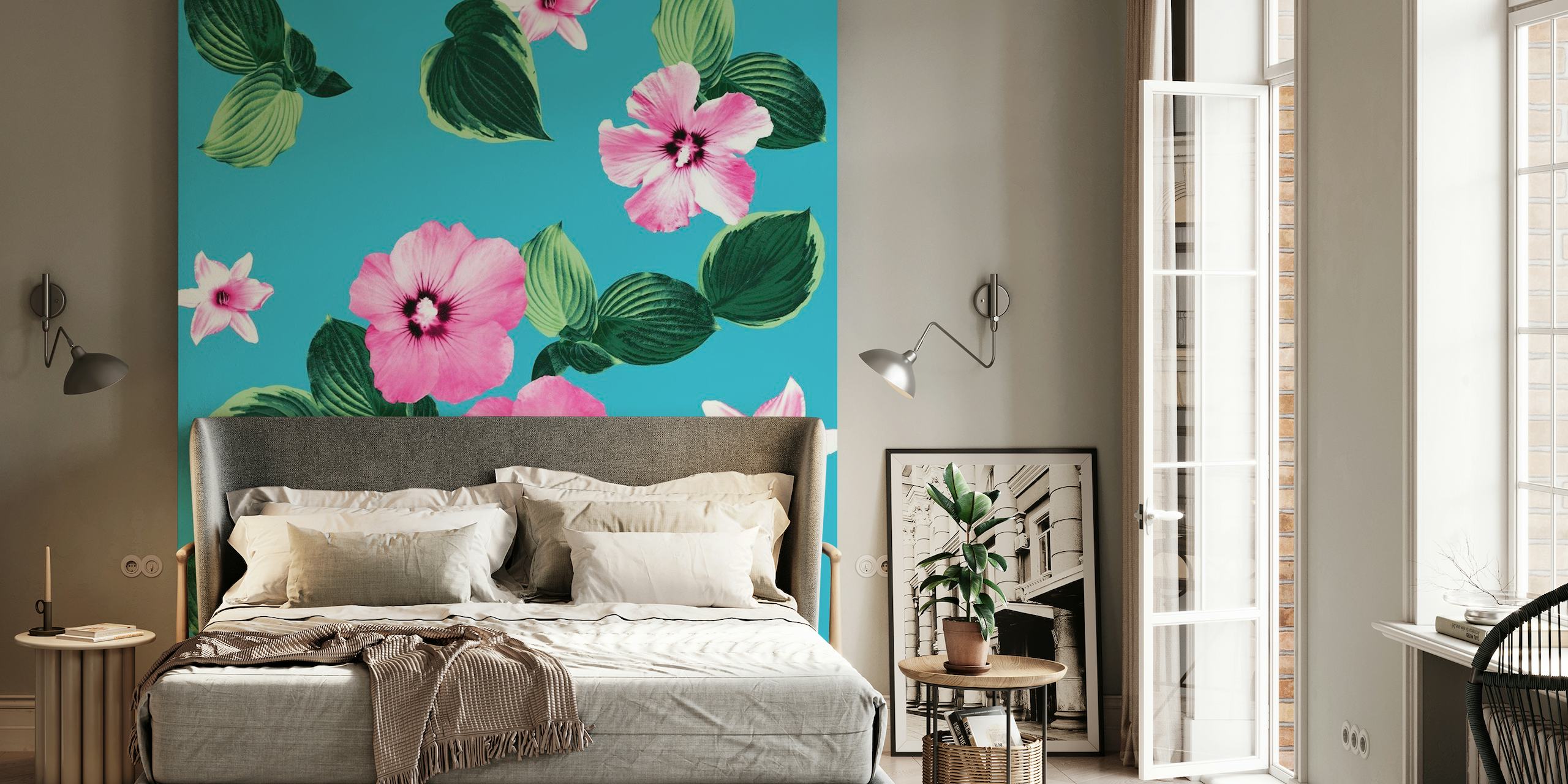 Pink and green floral patterns on a blue background wall mural