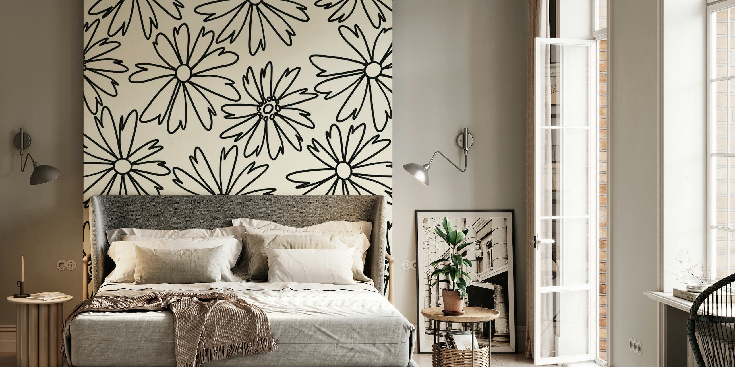 Hand-drawn cosmea flowers pattern wall mural on a neutral background