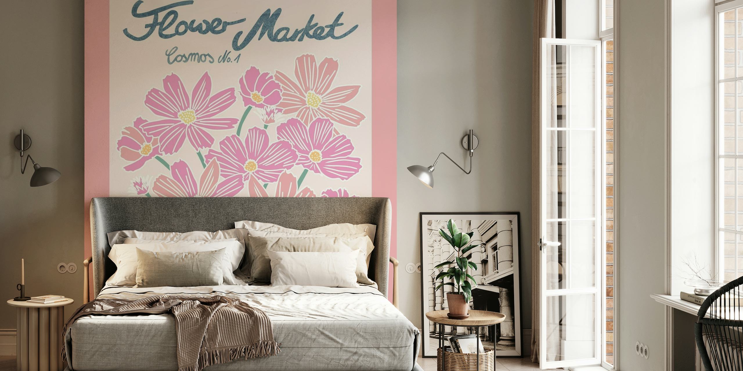 Illustratie van roze kosmosbloemen muurschildering op een pastelkleurige achtergrond met de titel Flower Market Cosmos 1