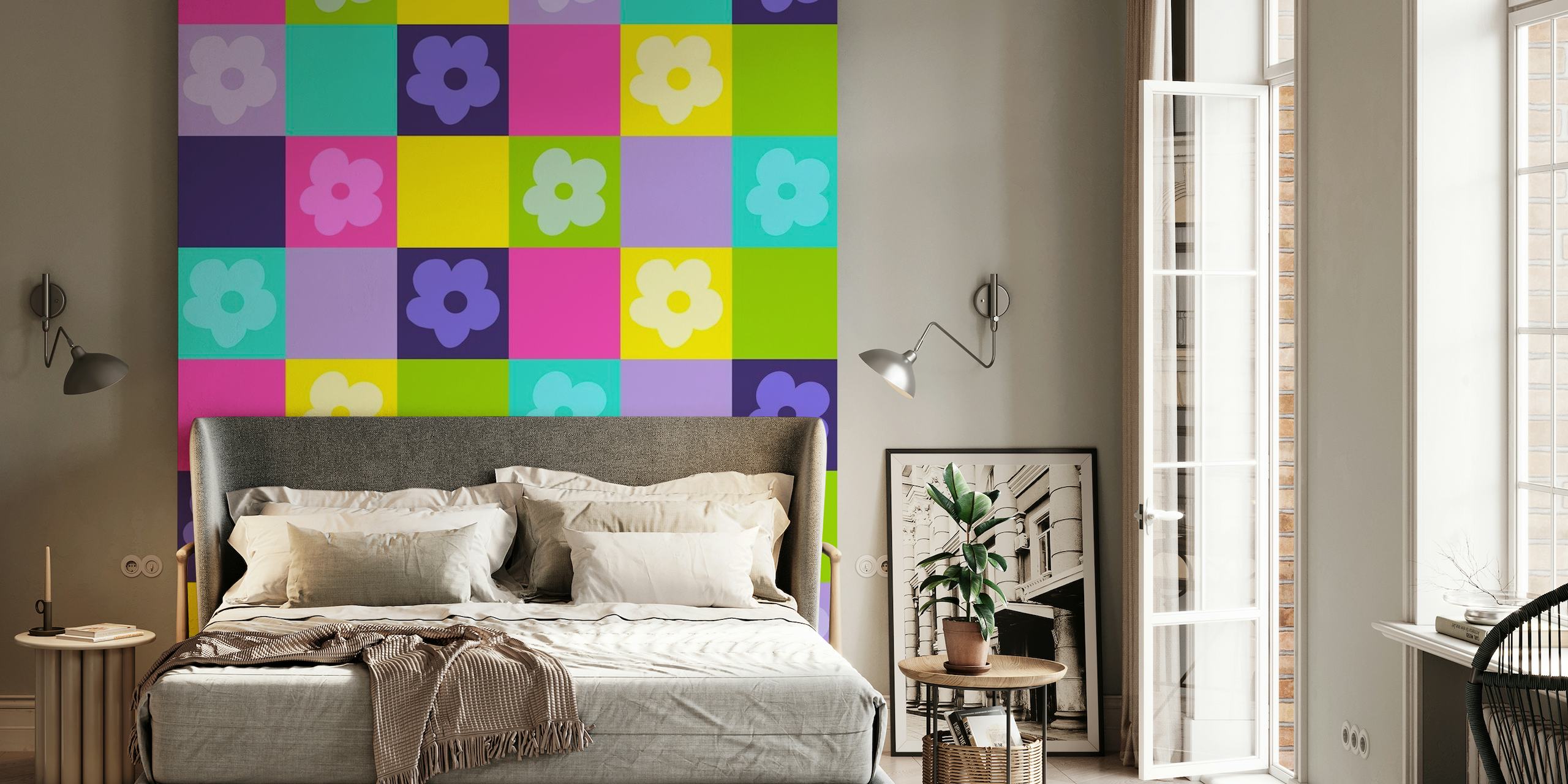 Farbenfrohe, von den 80ern inspirierte neonkarierte Wandtapete mit einfachen Blumenmustern