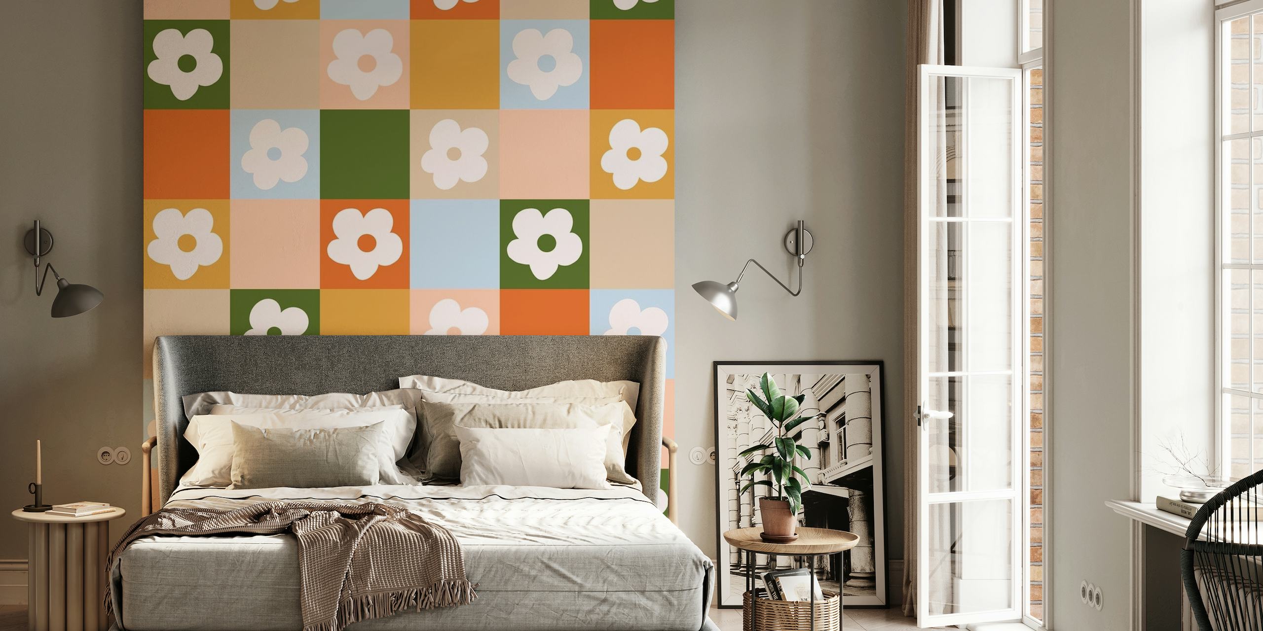 fotomural vinílico de parede retrô colorido com padrão xadrez e detalhes florais