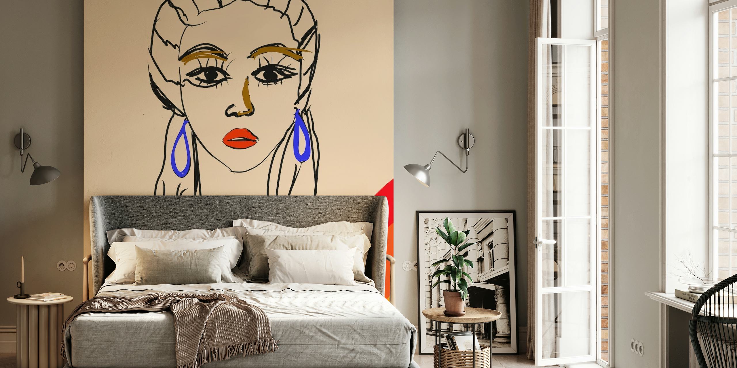 Illustrative wall mural of a line-drawn woman with blue earrings and orange accent