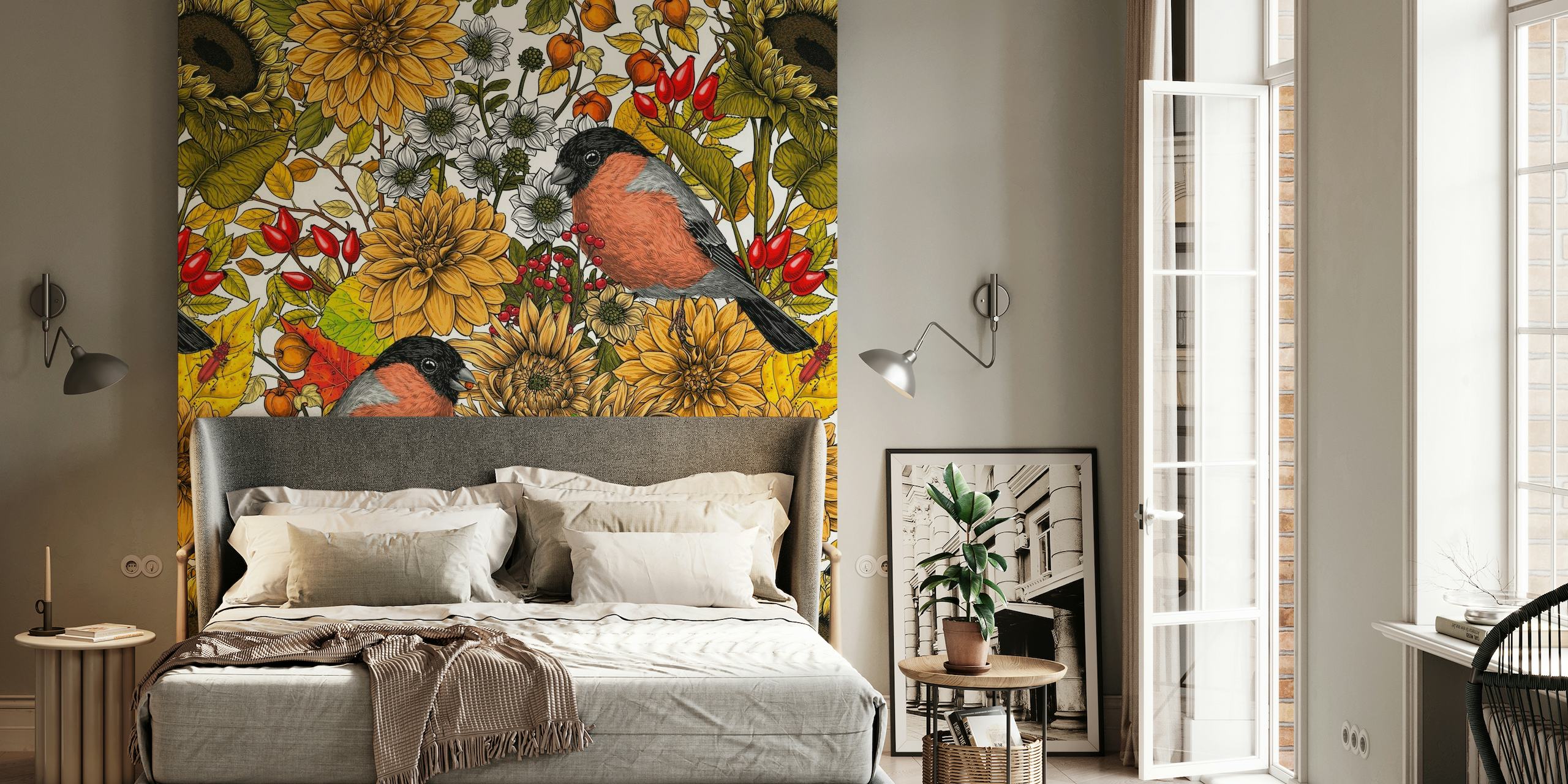 Seinämaalaus, jossa auringonkukkia, kehäkukkasia ja lintuja edustavat syksyistä puutarhamaisemaa