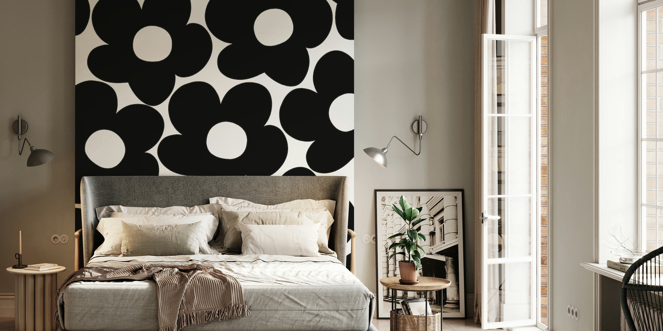 Black and white wall mural with retro daisy pattern