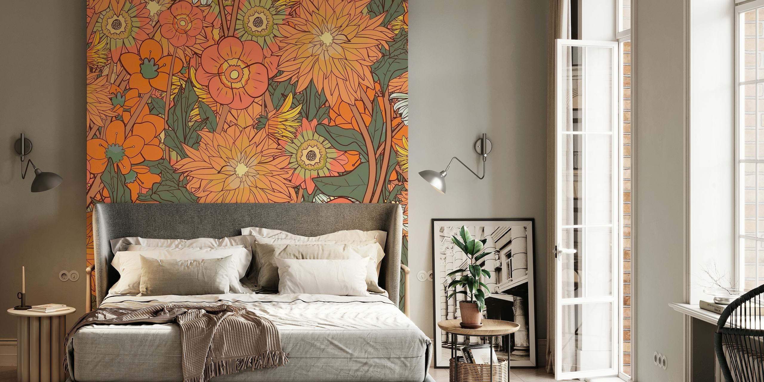Wall mural of a blooming field with yellow and orange flowers and green foliage.