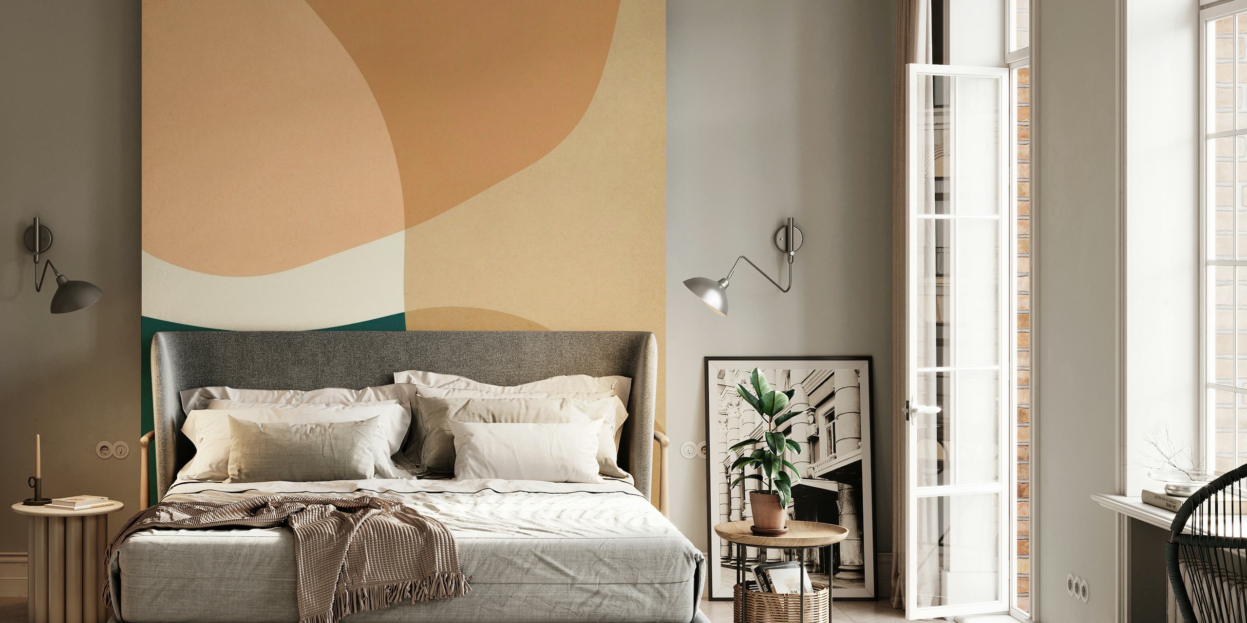 Beige and emerald abstract boho wall mural