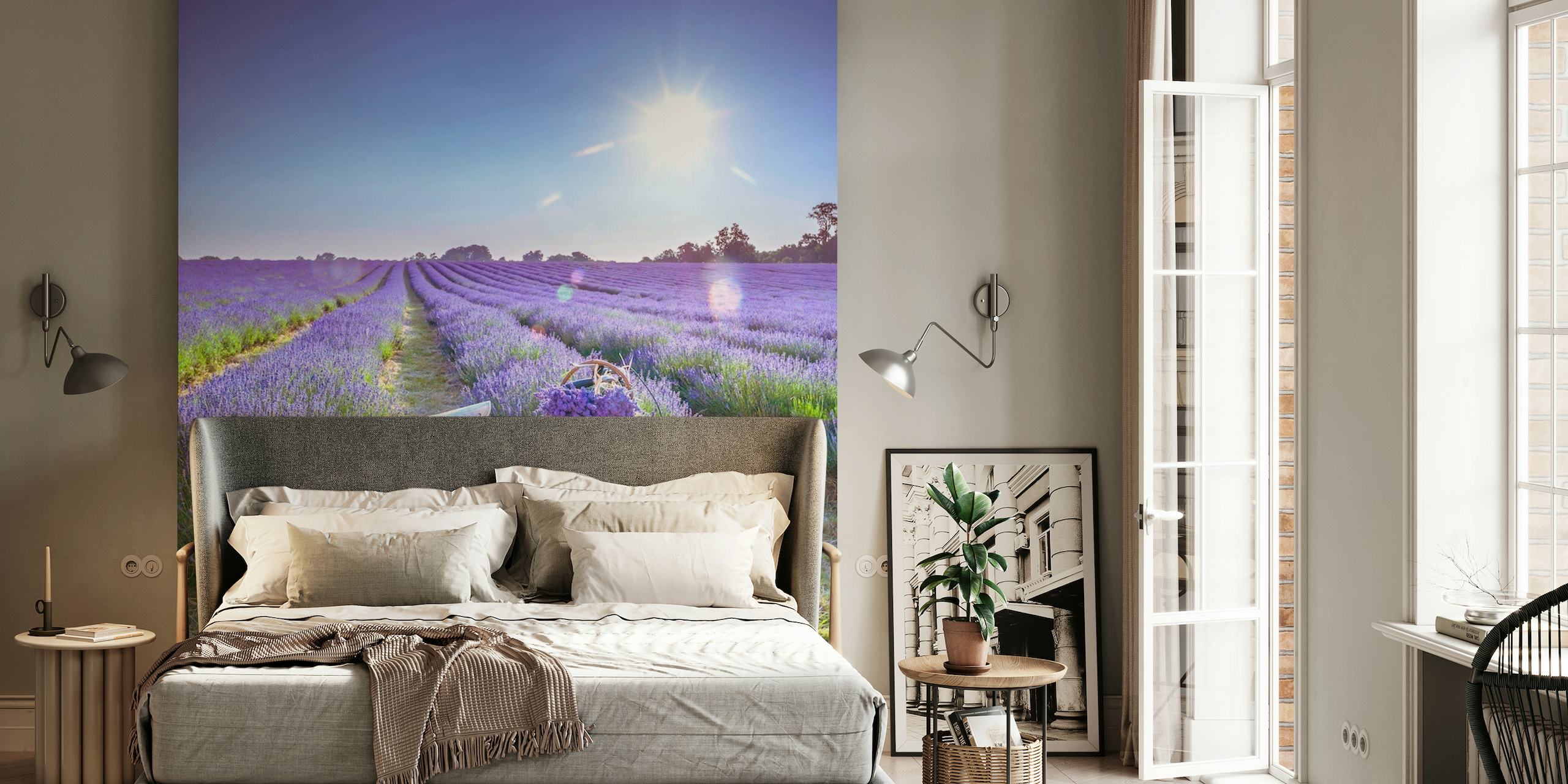 Bicycle with flowers in a Lavender field behang