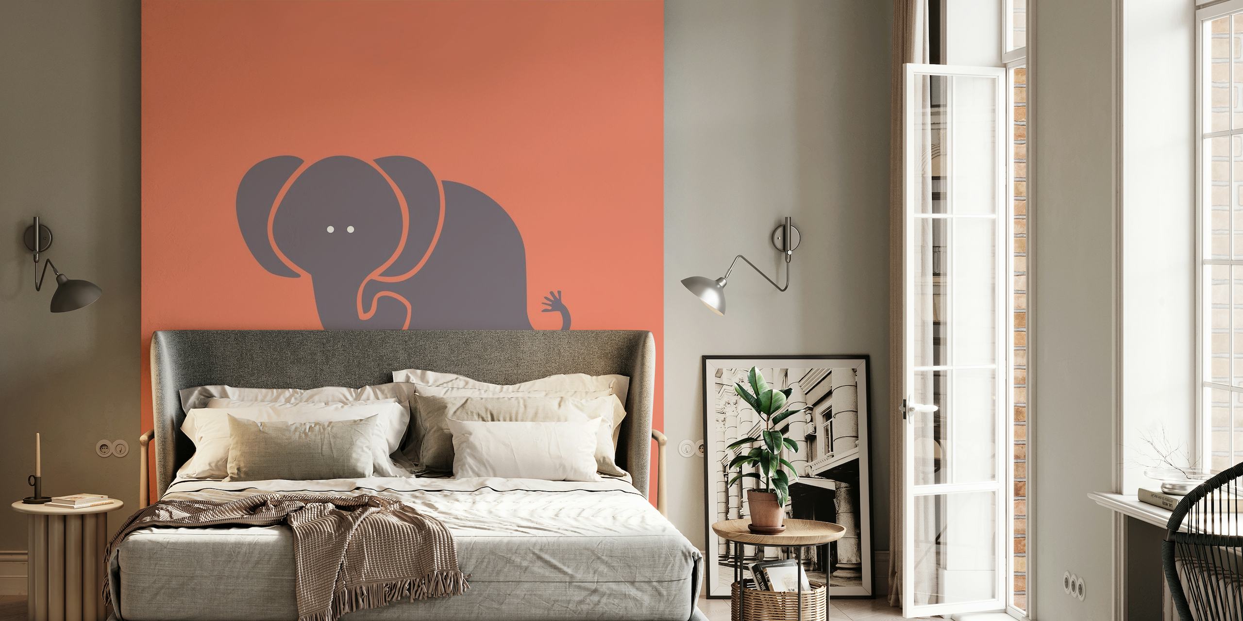 Coral orange kids room decor taupe elephant tapete