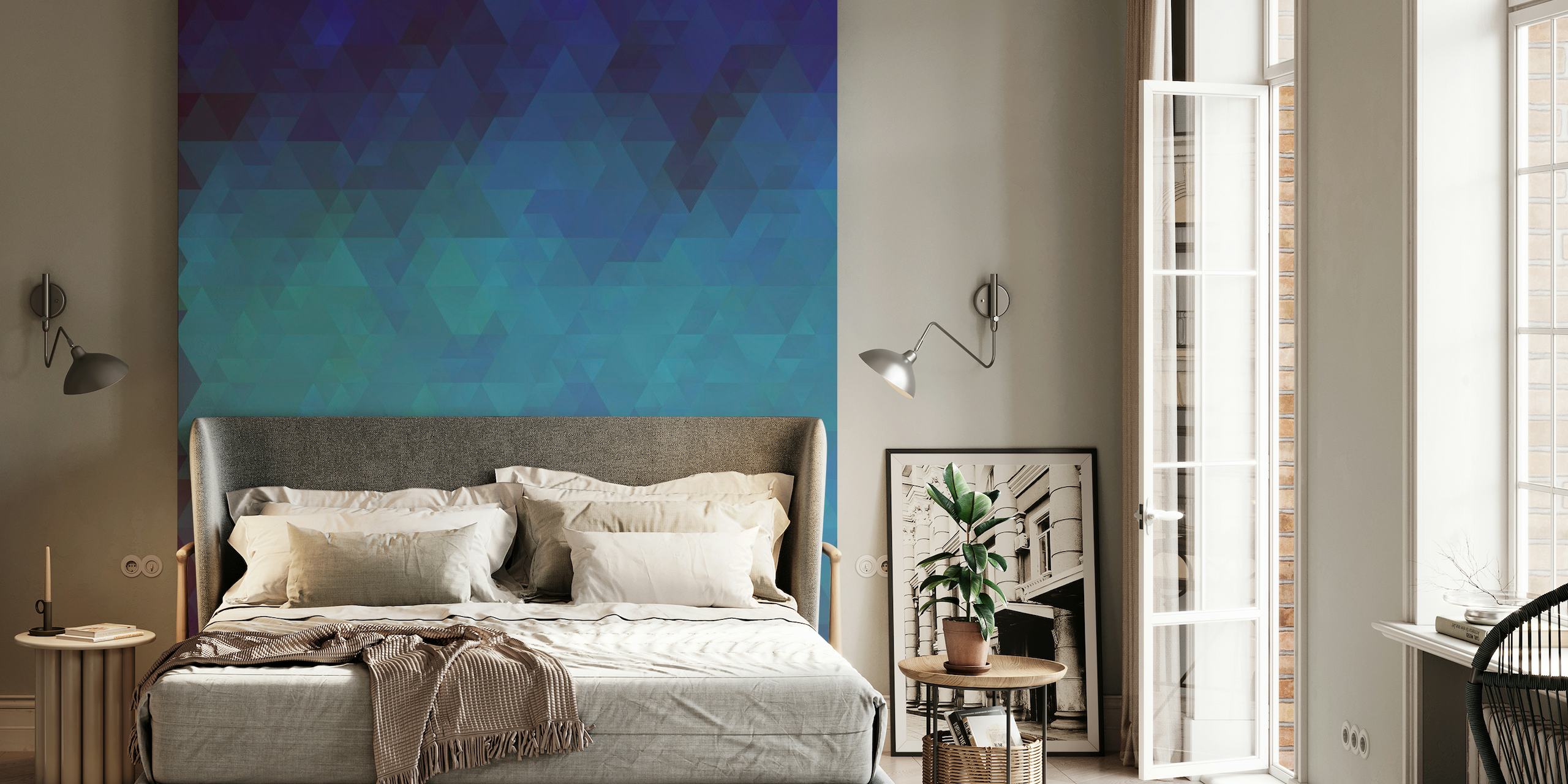 Geometrinen sininen kolmiokuvioinen seinämaalaus