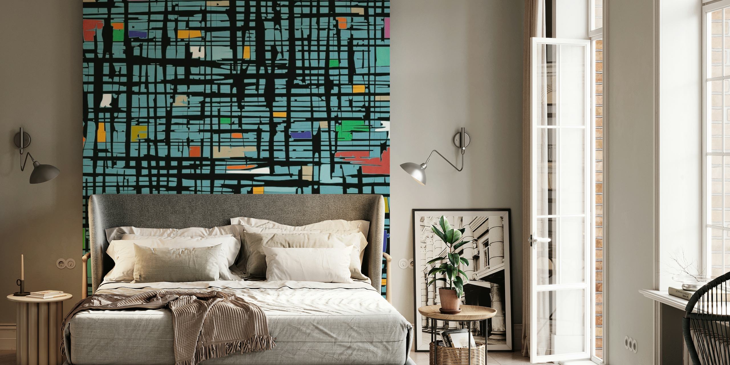 Abstract blue and black braided wall mural with colorful accents
