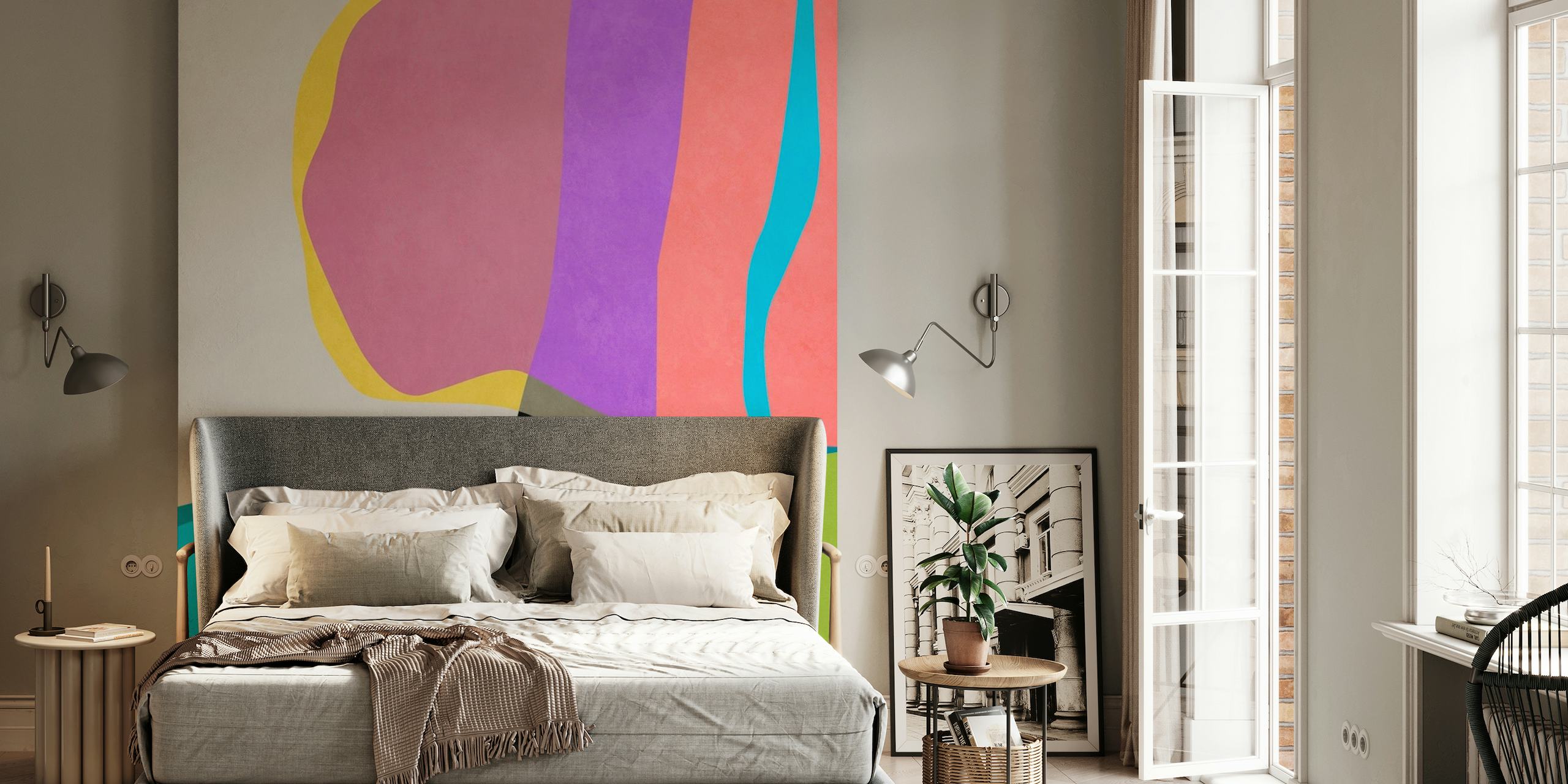Mural abstracto con colores vibrantes y formas fluidas que crean una sensación de movimiento.