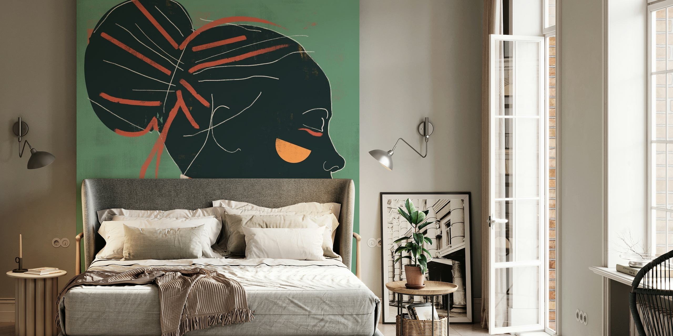 Abstract female profile wall mural in green with geometric accents