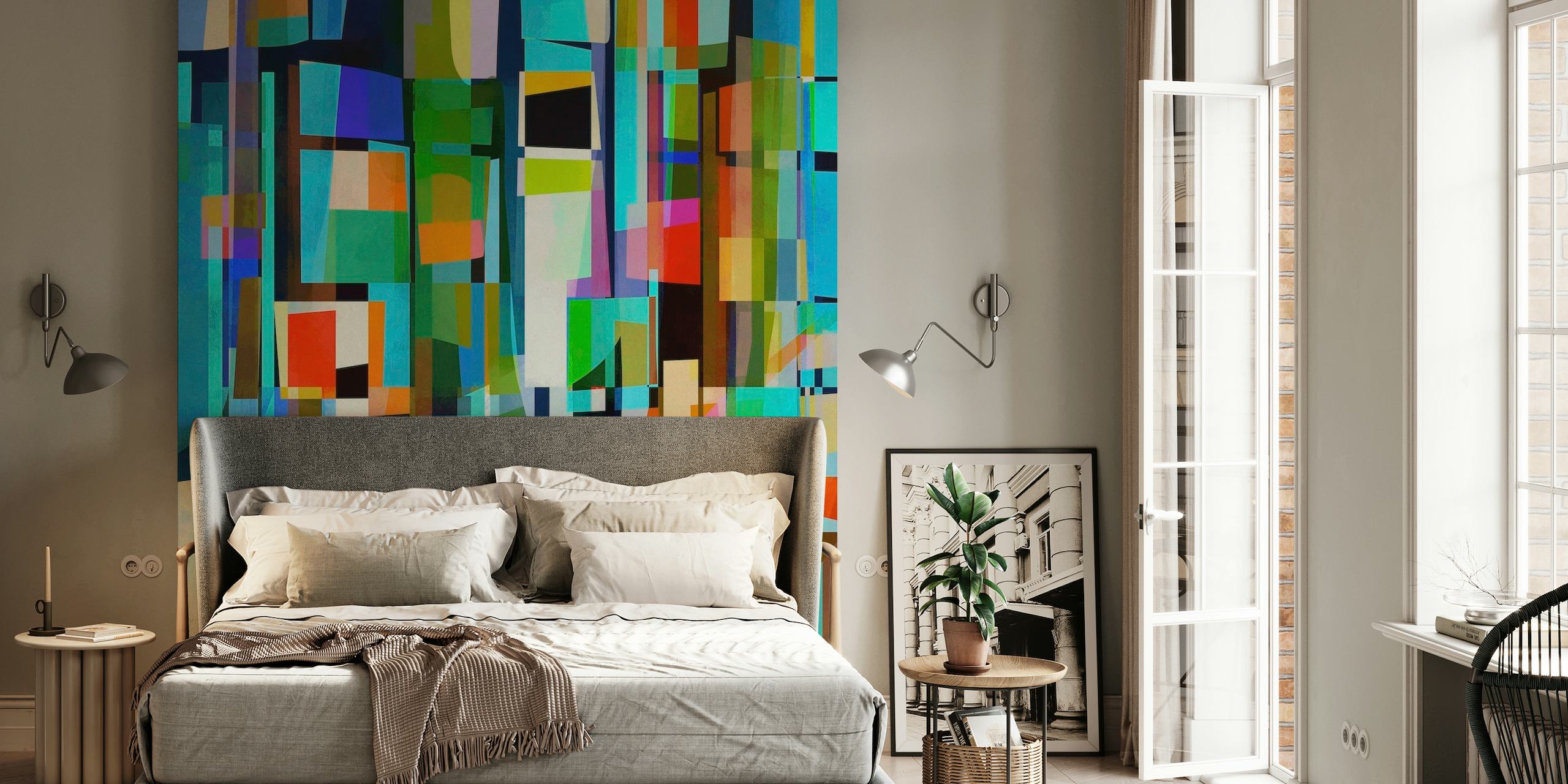 Barevná mozaiková čtvercová nástěnná malba s výrazným vícebarevným čtvercovým vzorem