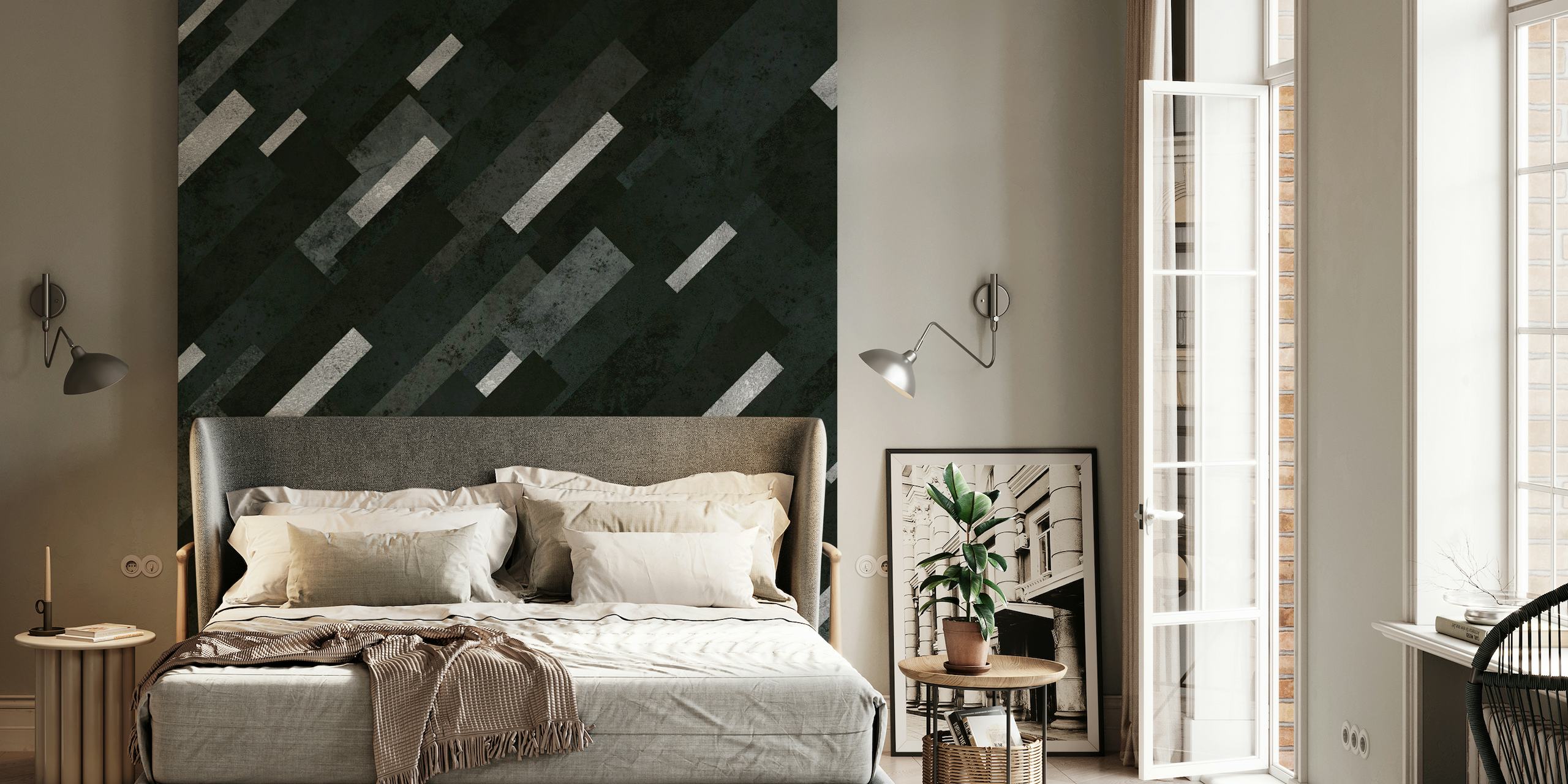 Muurschildering met abstract grijs houtskoolgelaagd geometrisch patroon