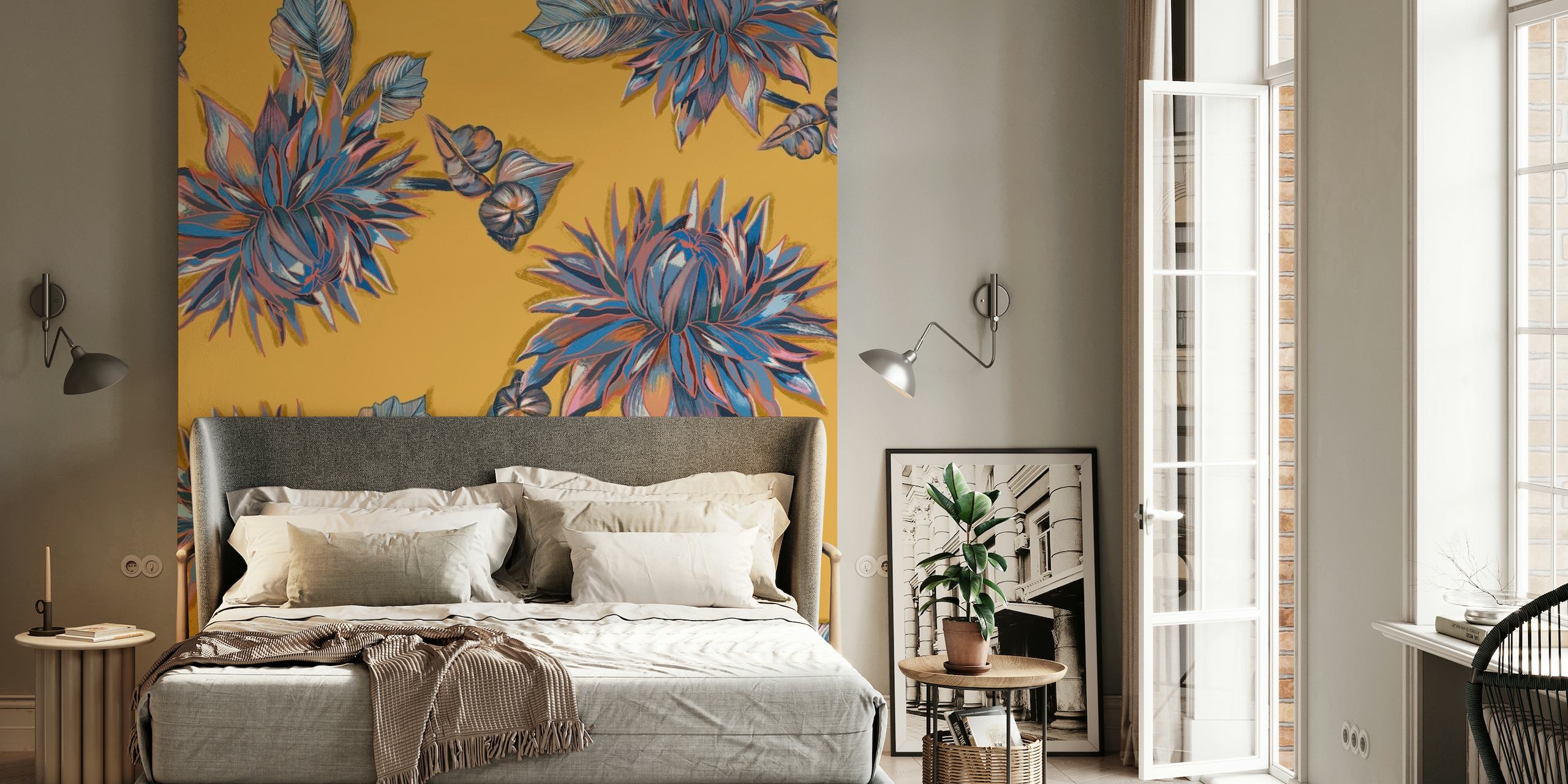 Papier peint mural motif Solo Flower Dahlia avec des fleurs de dahlia vibrantes sur un fond chaud