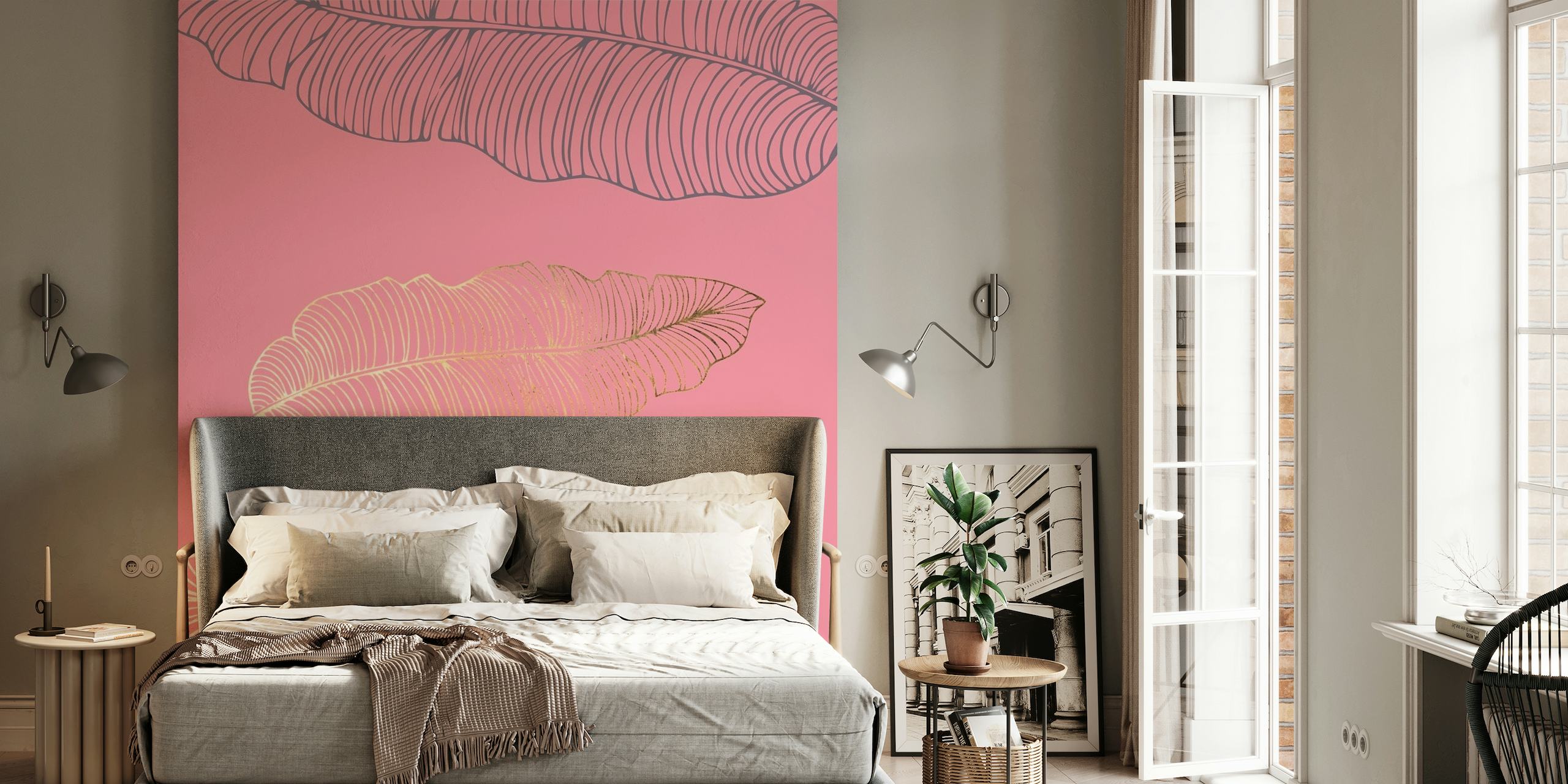 Elegante disegno di foglie di palma rosa su uno sfondo rosa tenue per la decorazione murale