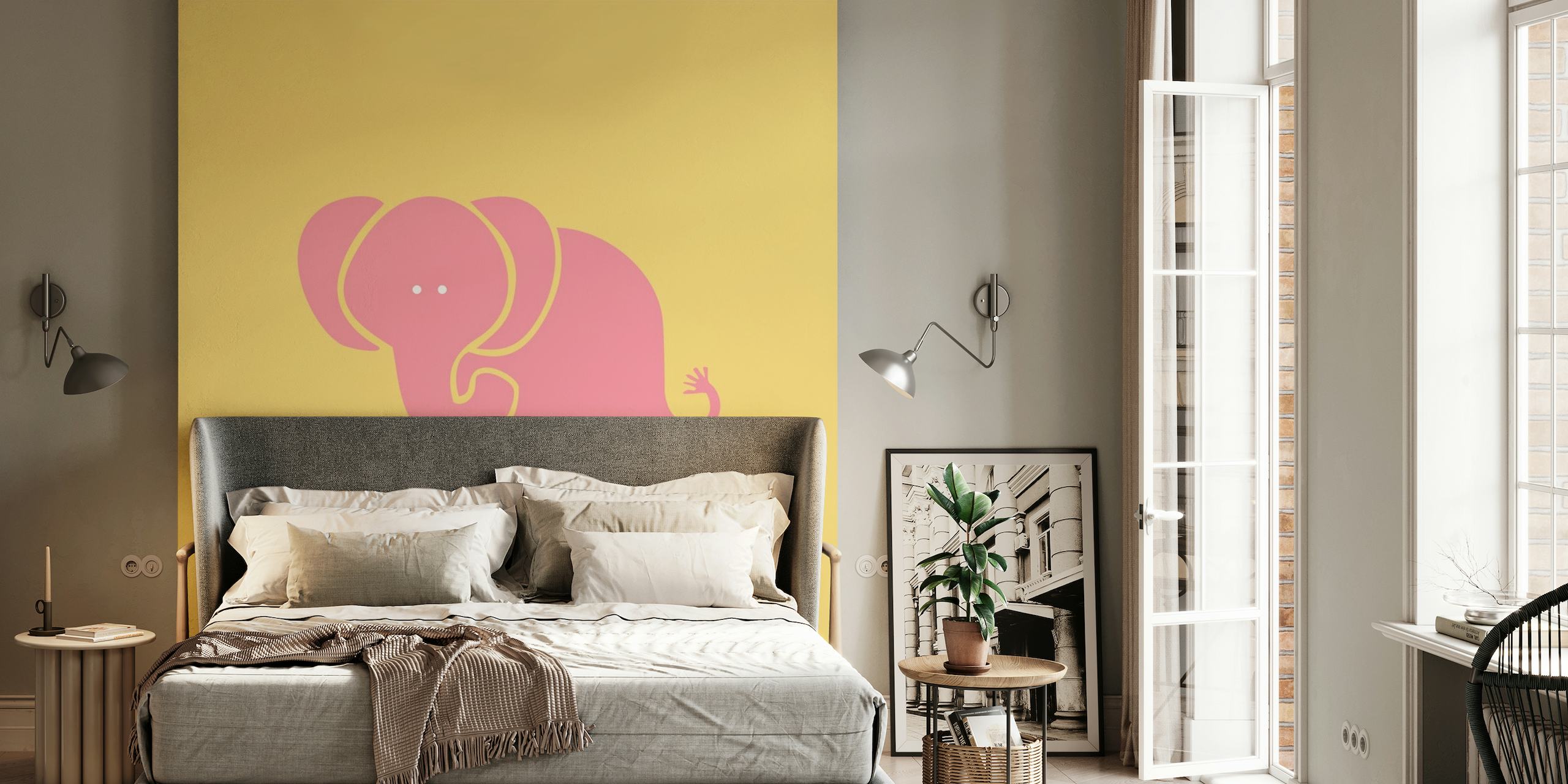 Stiliseret safrangul elefant på et lyserødt vægmaleri
