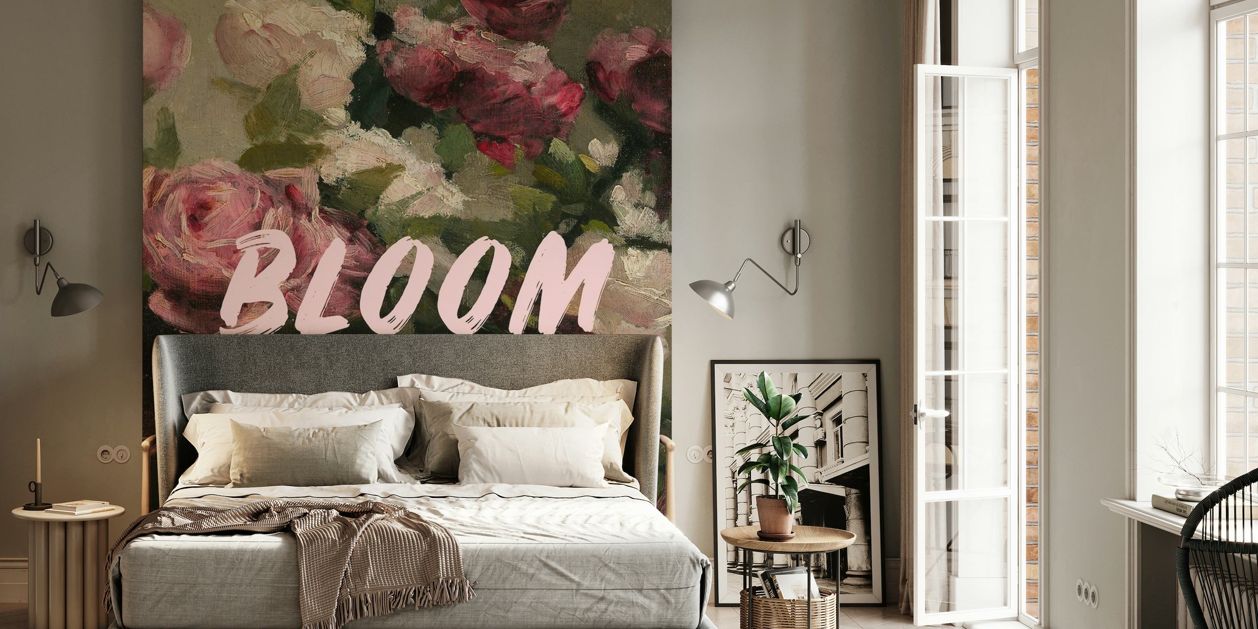 Elegant bloom floral wall mural with roses and lush greenery