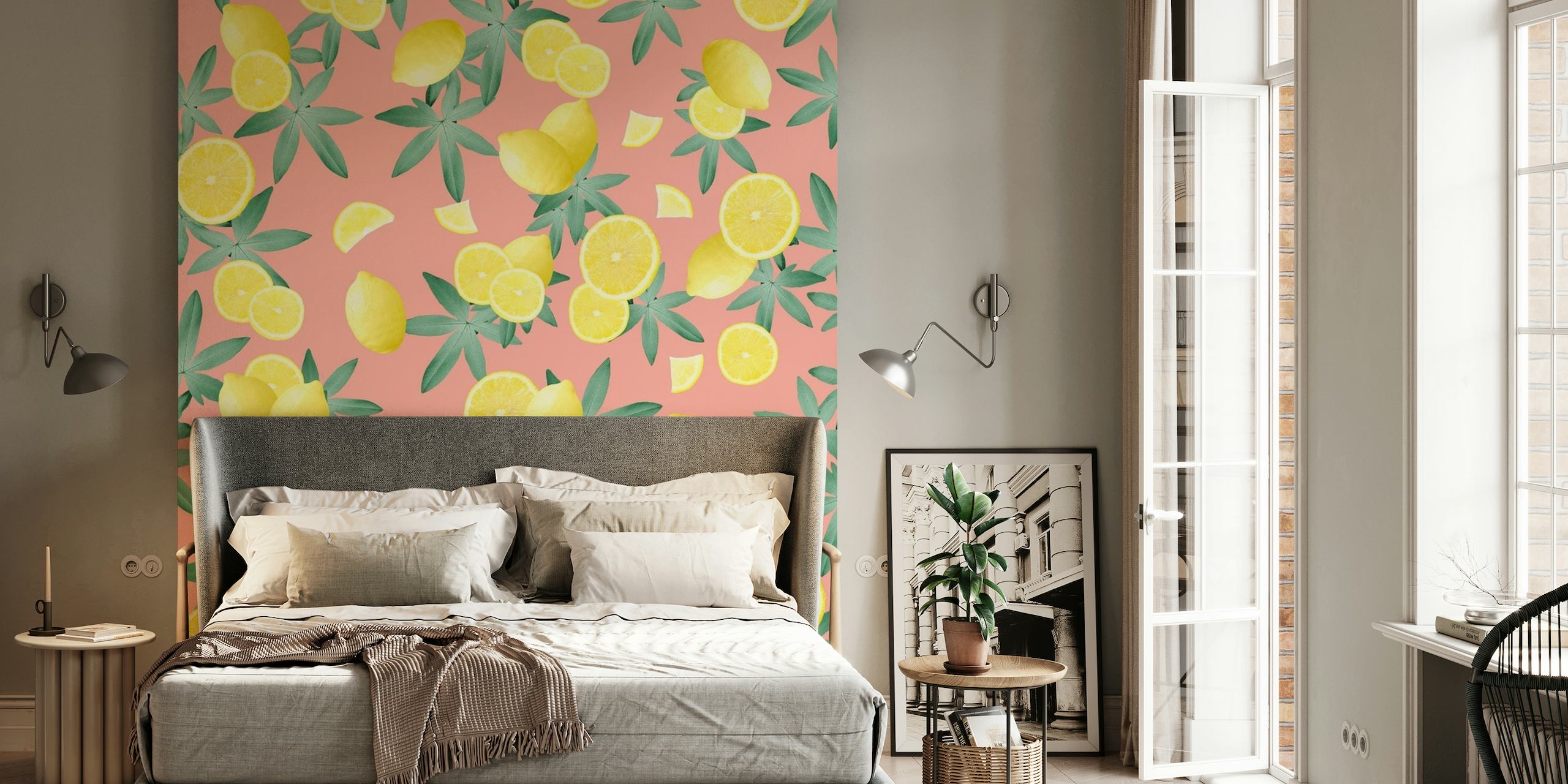 Lemon-patterned wall mural with coral background