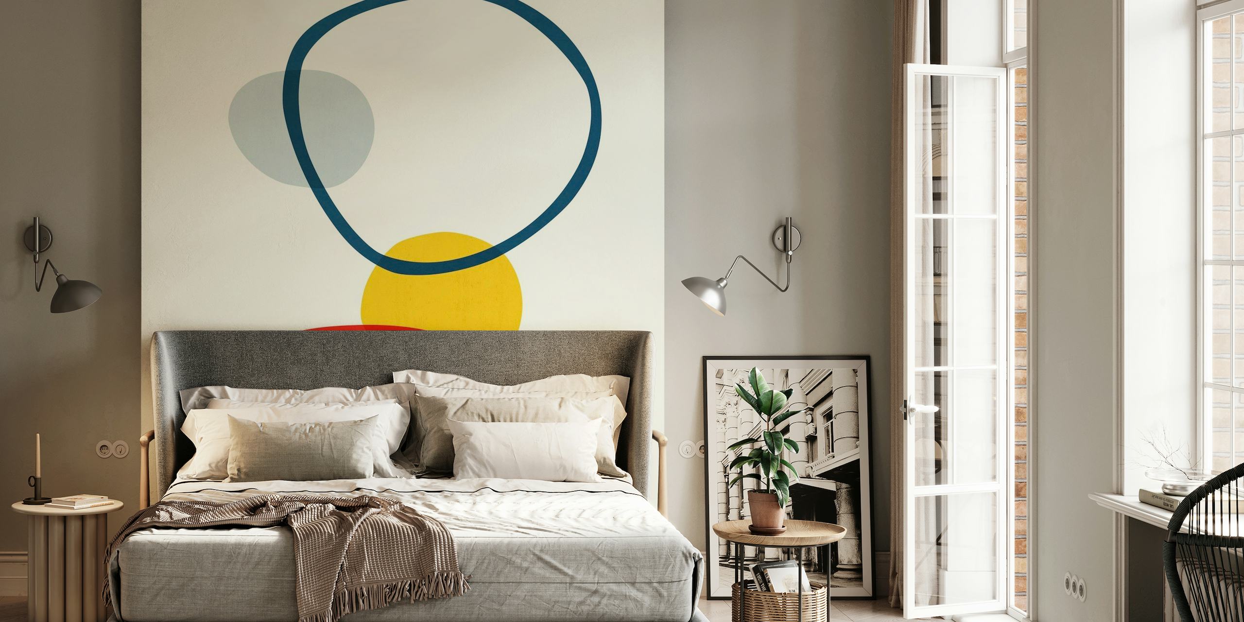 Modern abstract shapes wall mural with red square, yellow circle, and blue ring on a light background
