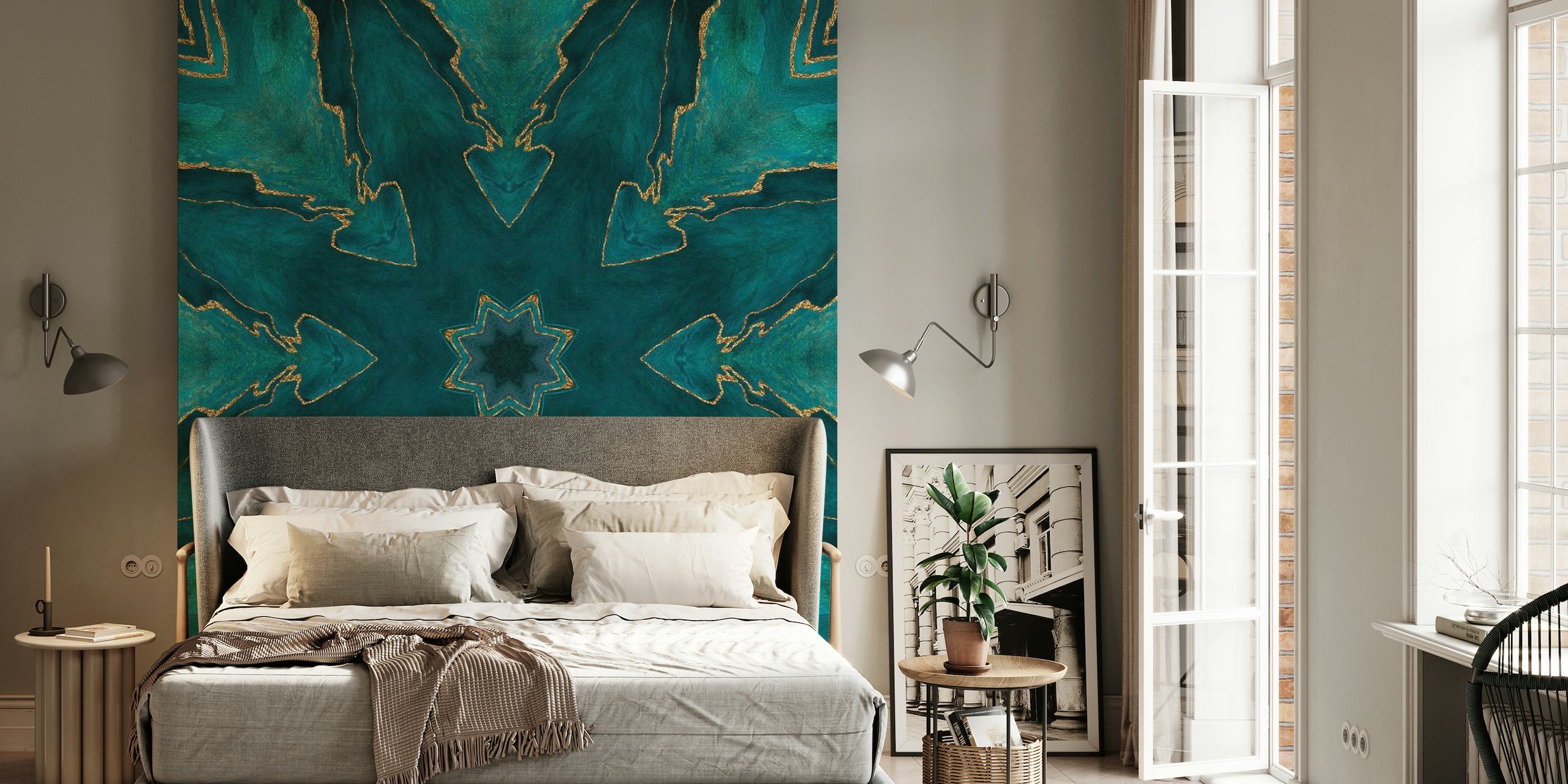 Luxe muurschildering met turquoise en gouden marmeren tegelpatronen