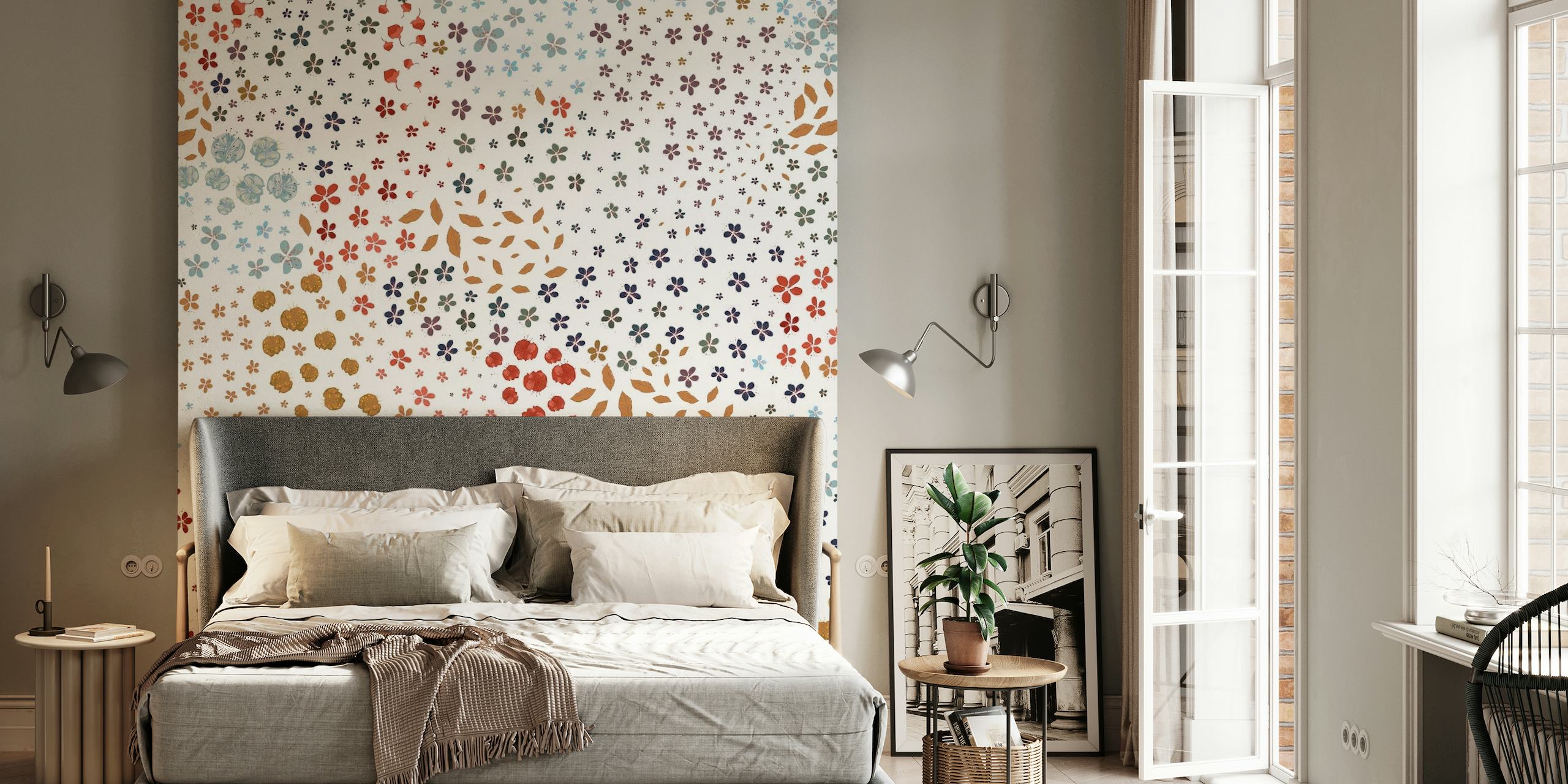Värikäs ja monimutkainen kevätaiheinen seinämaalaus kukka- ja geometrisilla kuvioilla