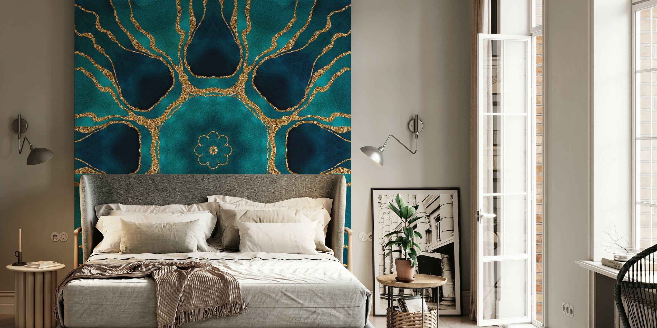 Turquoise Gold Marble Tiles 3 behang
