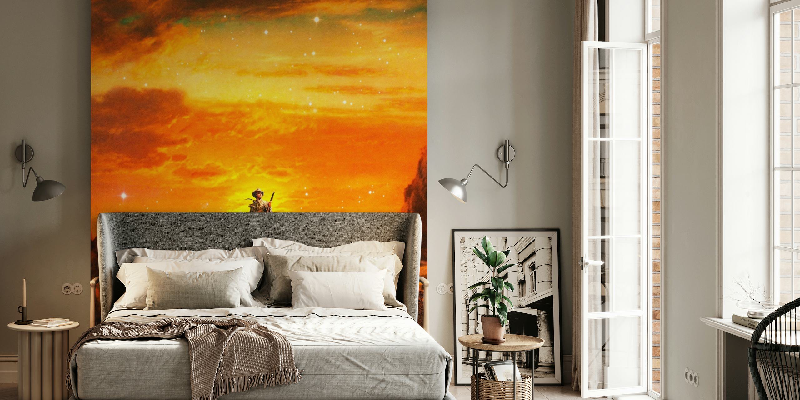 Knight in sunset landscape wall mural depicting courage and adventure