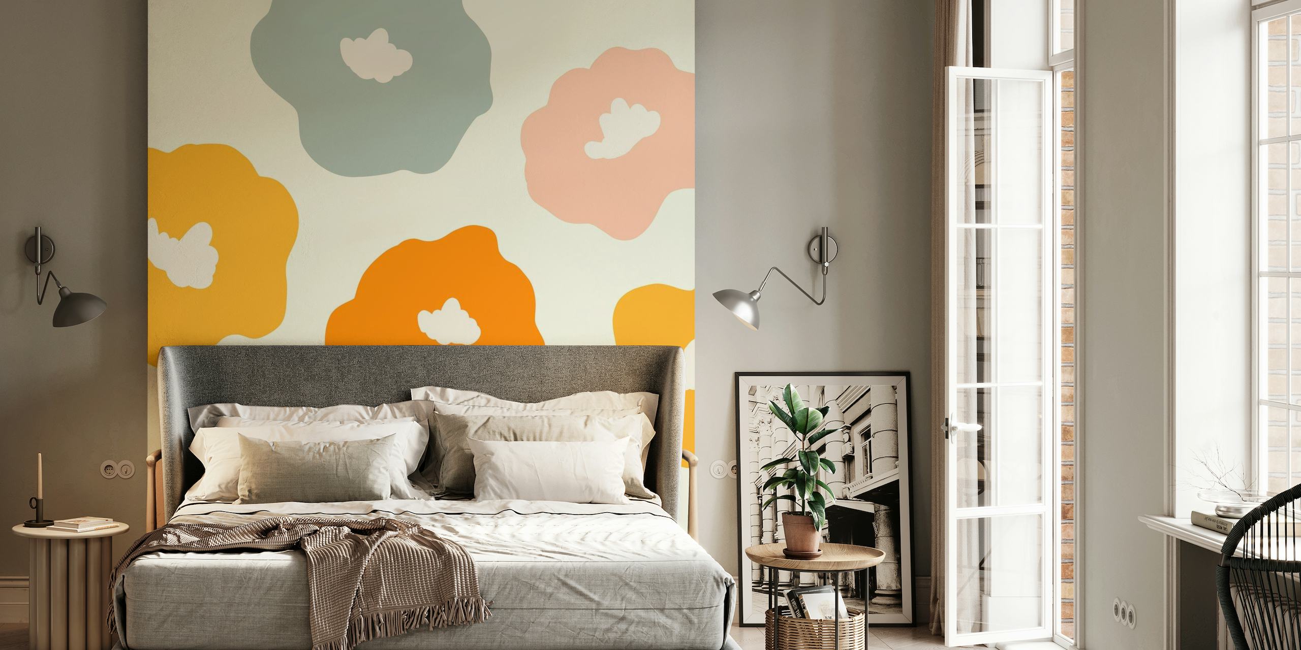 Kleurrijk retro-stijl bloemmotief op een muurschildering voor interieur