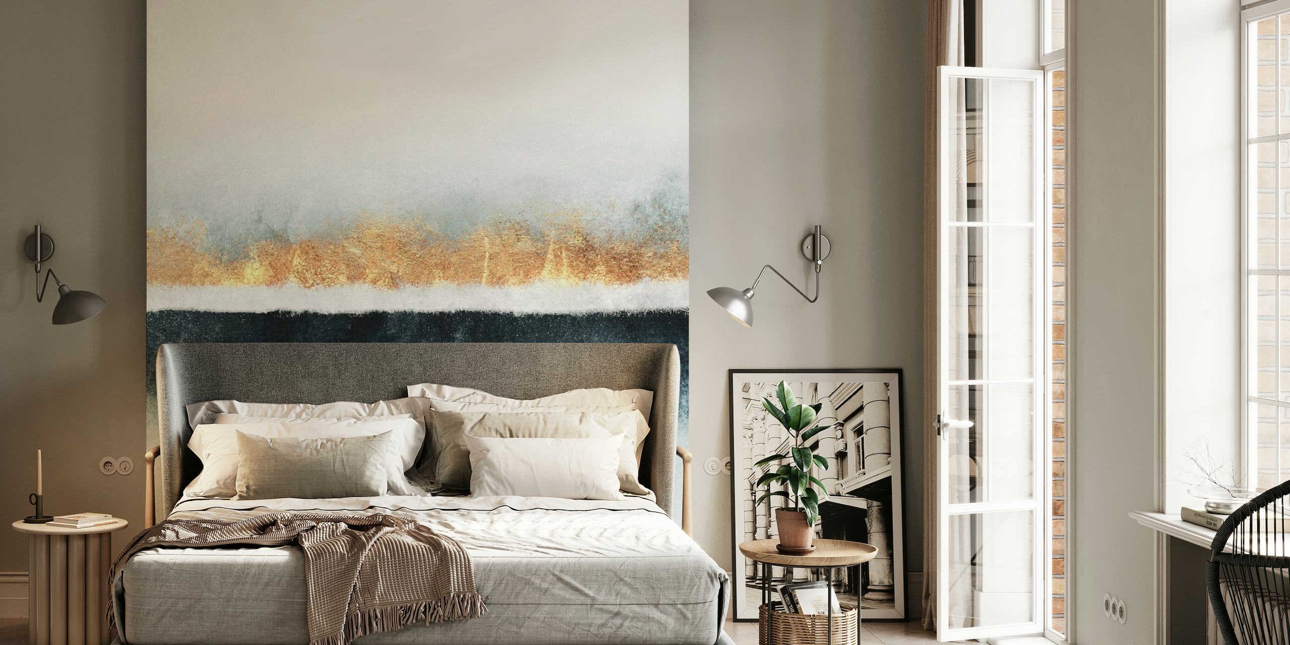 Abstract Horizon wall mural featuring snowy white, golden and deep blue layers