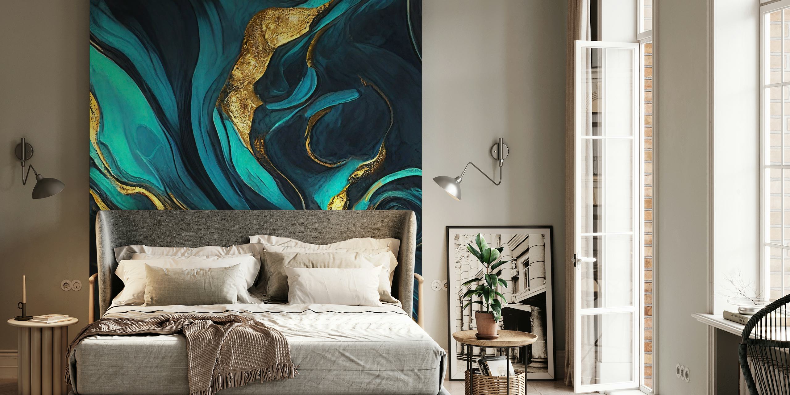 Teal and gold marble pattern wall mural