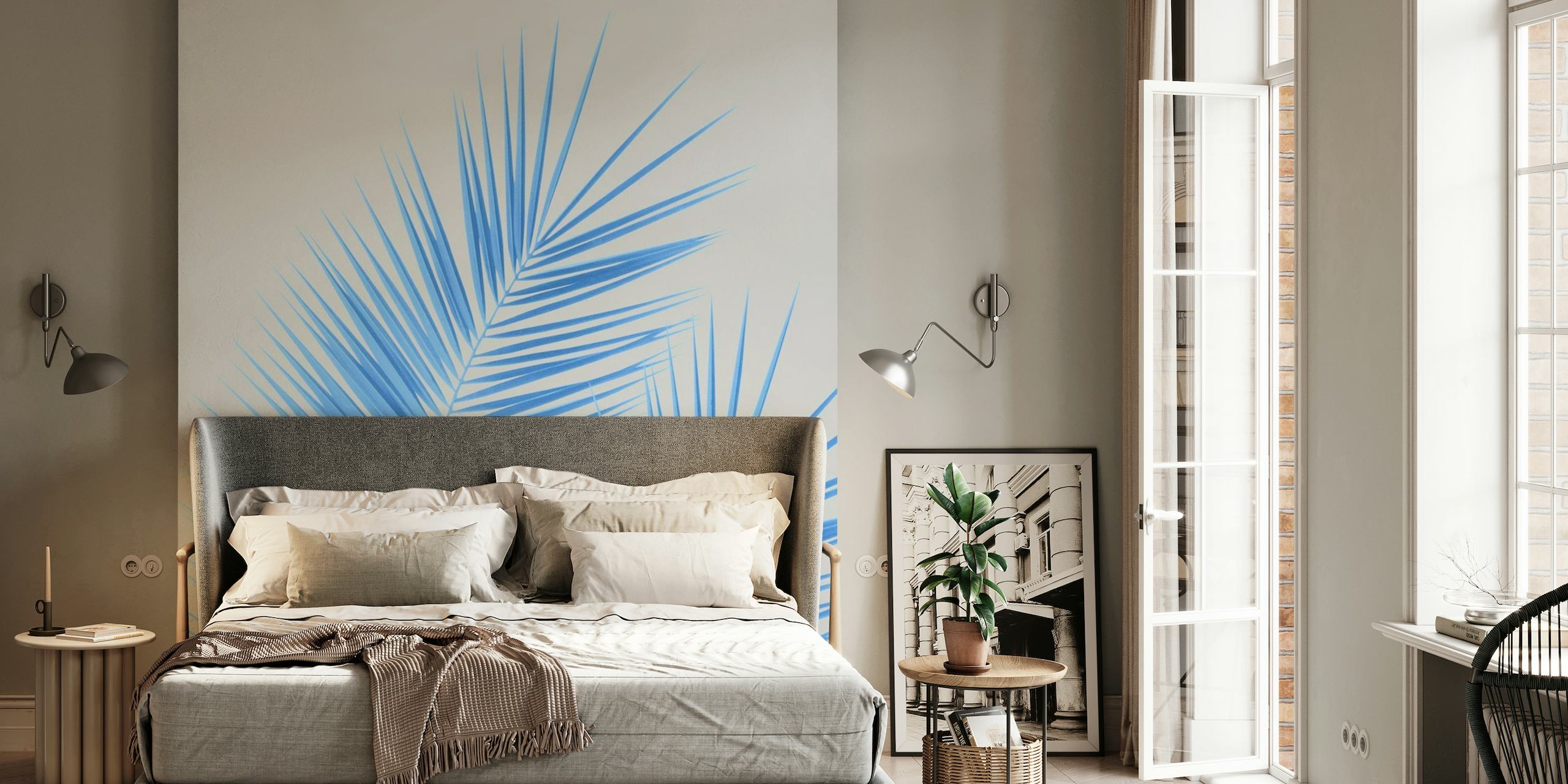 Blue Silver Gray Palm Leaves 1 wallpaper