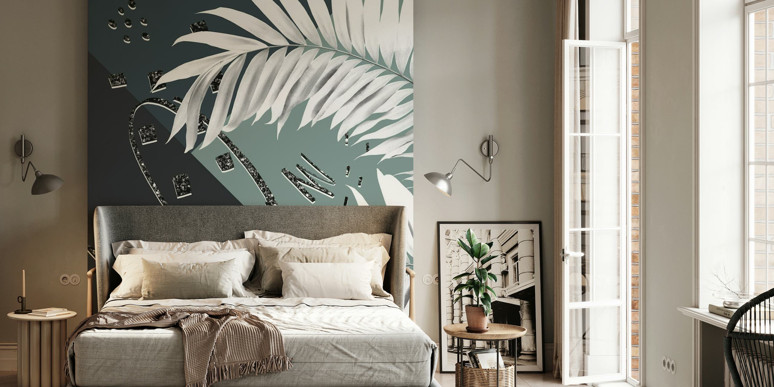 Abstract glittery palm leaves wall mural on a dark background