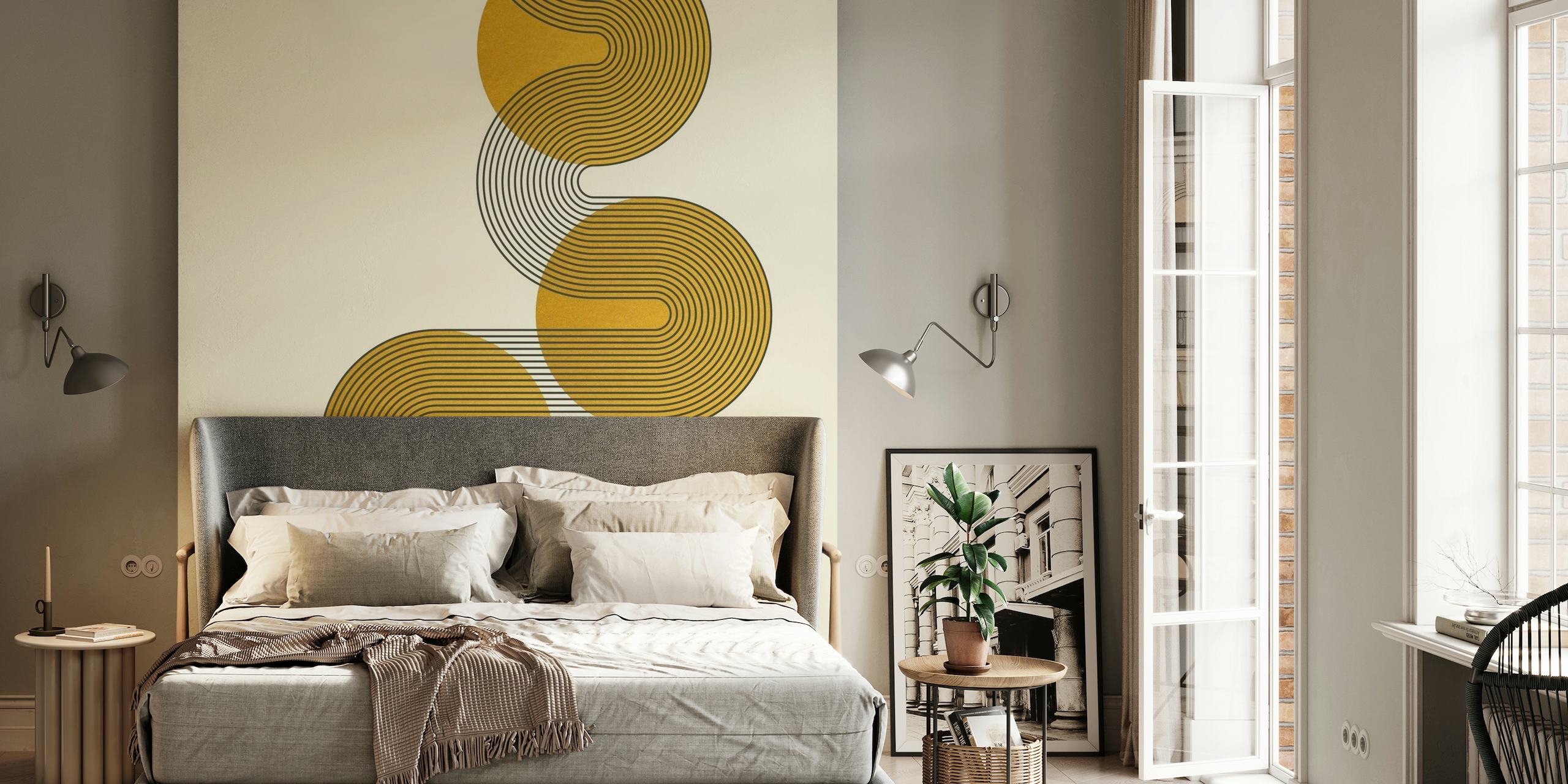 Murale abstraite courbée inspirée du Bauhaus dans les tons du lever du soleil
