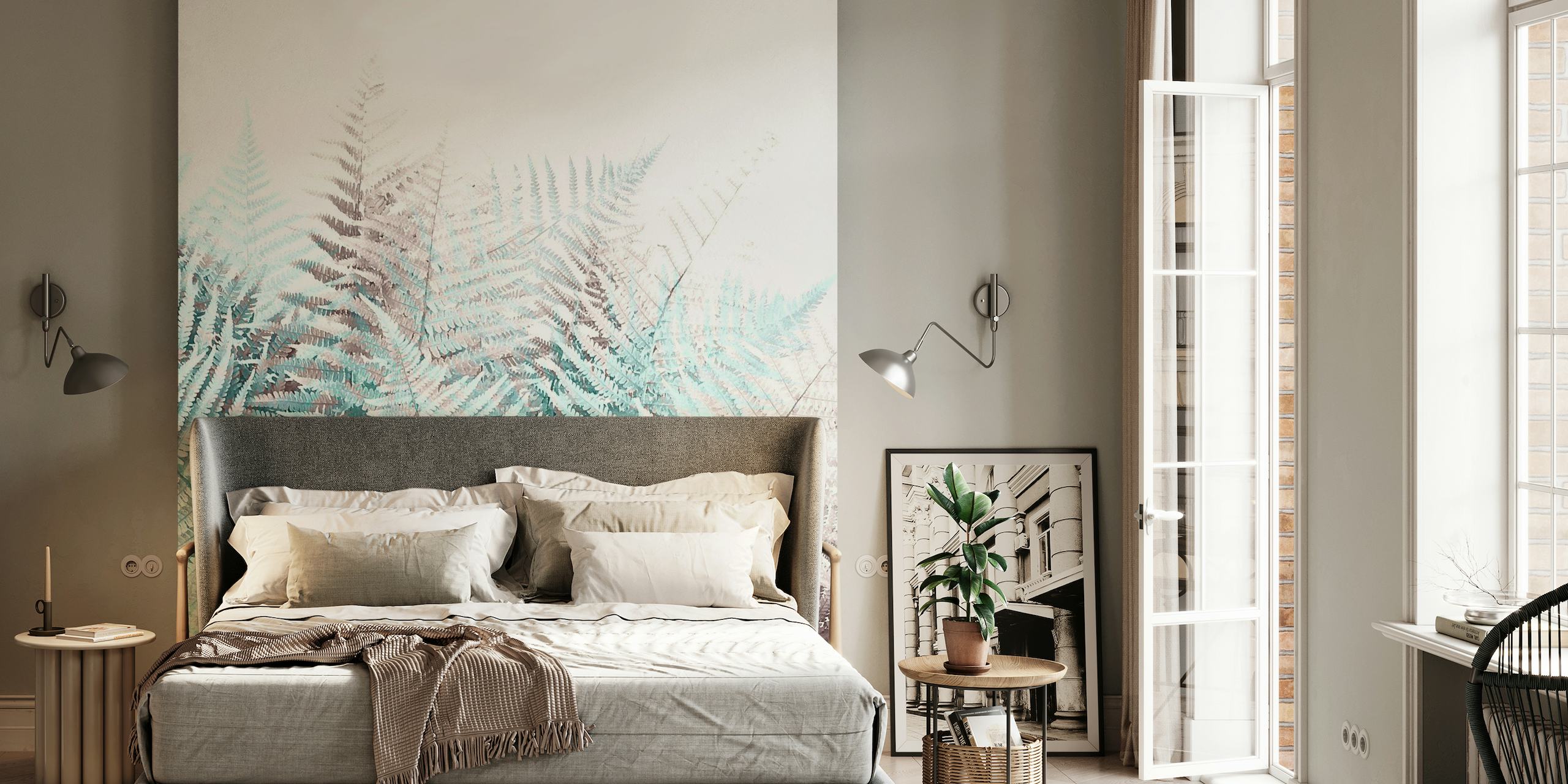 Soft Fern Foliage Duotone vægmaleri med aqua og blush toner