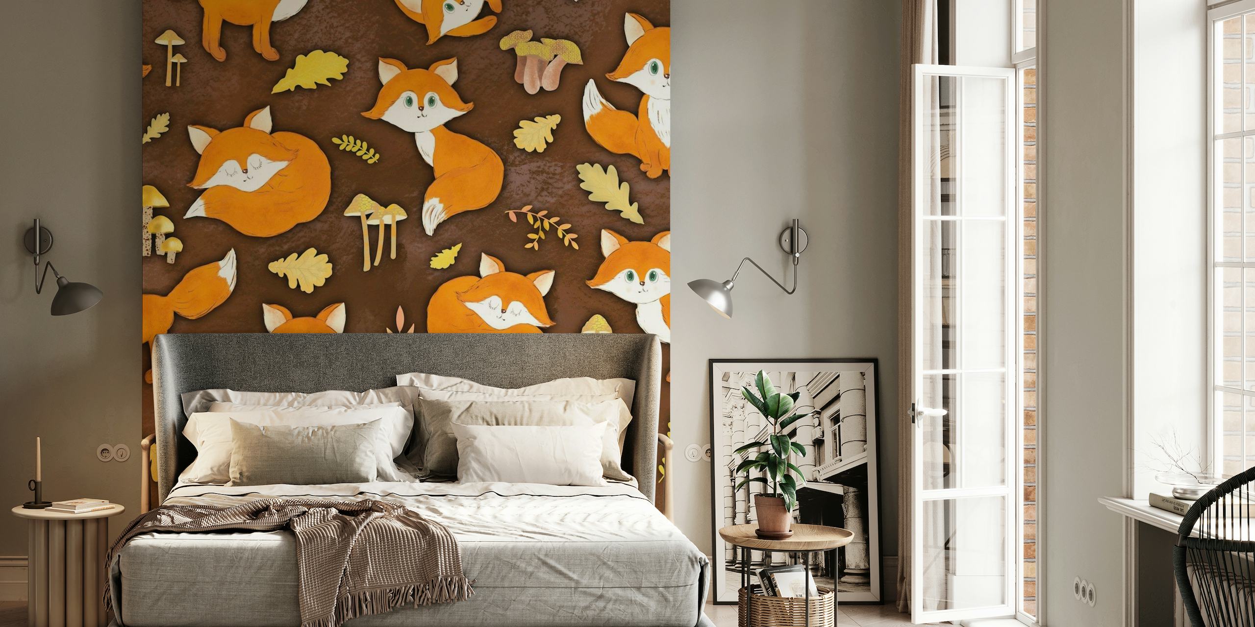 Autumn Pattern with Foxes 2 papel de parede