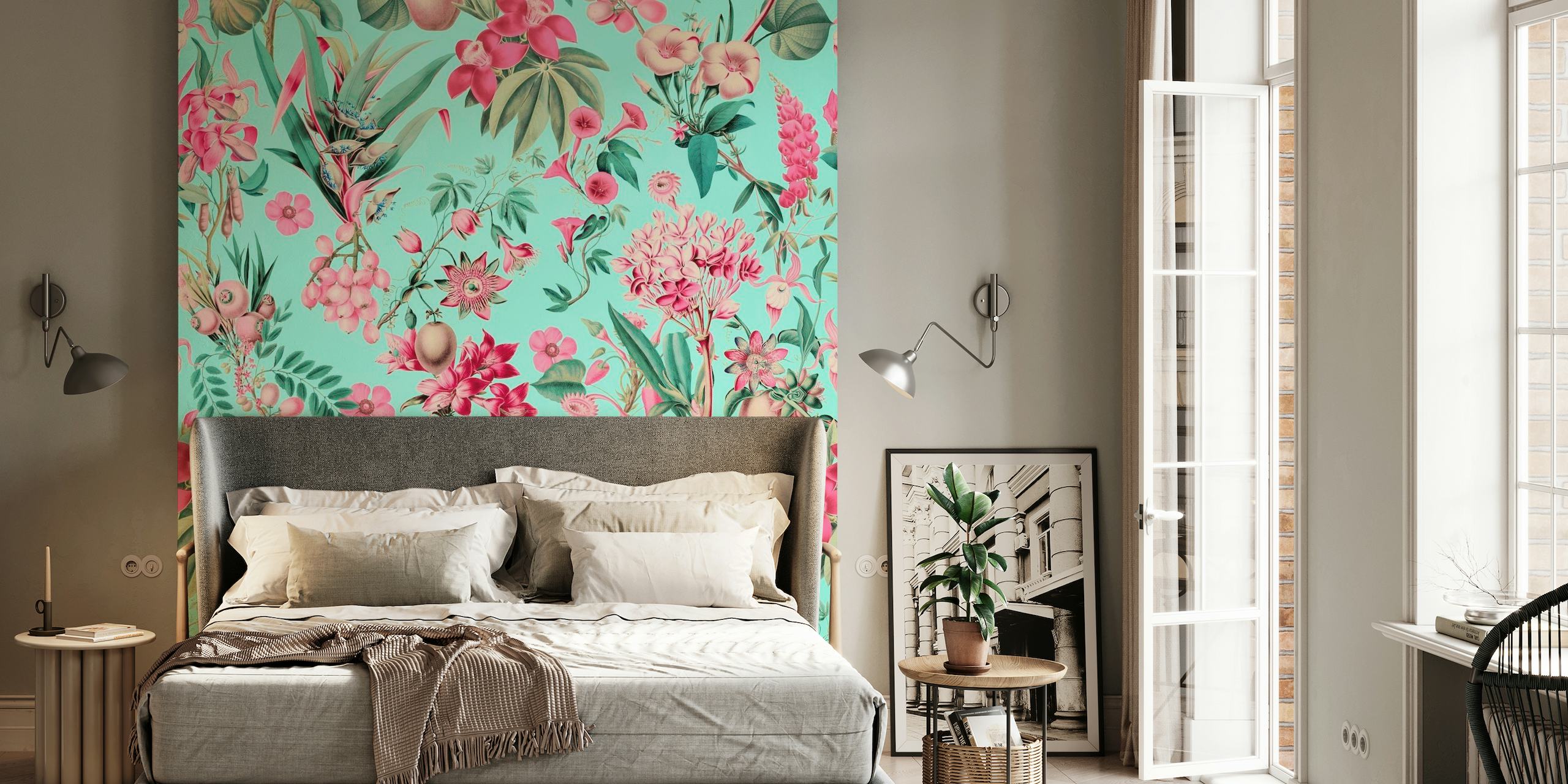 Tropical Jungle Flower And Fruit Garden Pattern In Pink And Teal wallpaper
