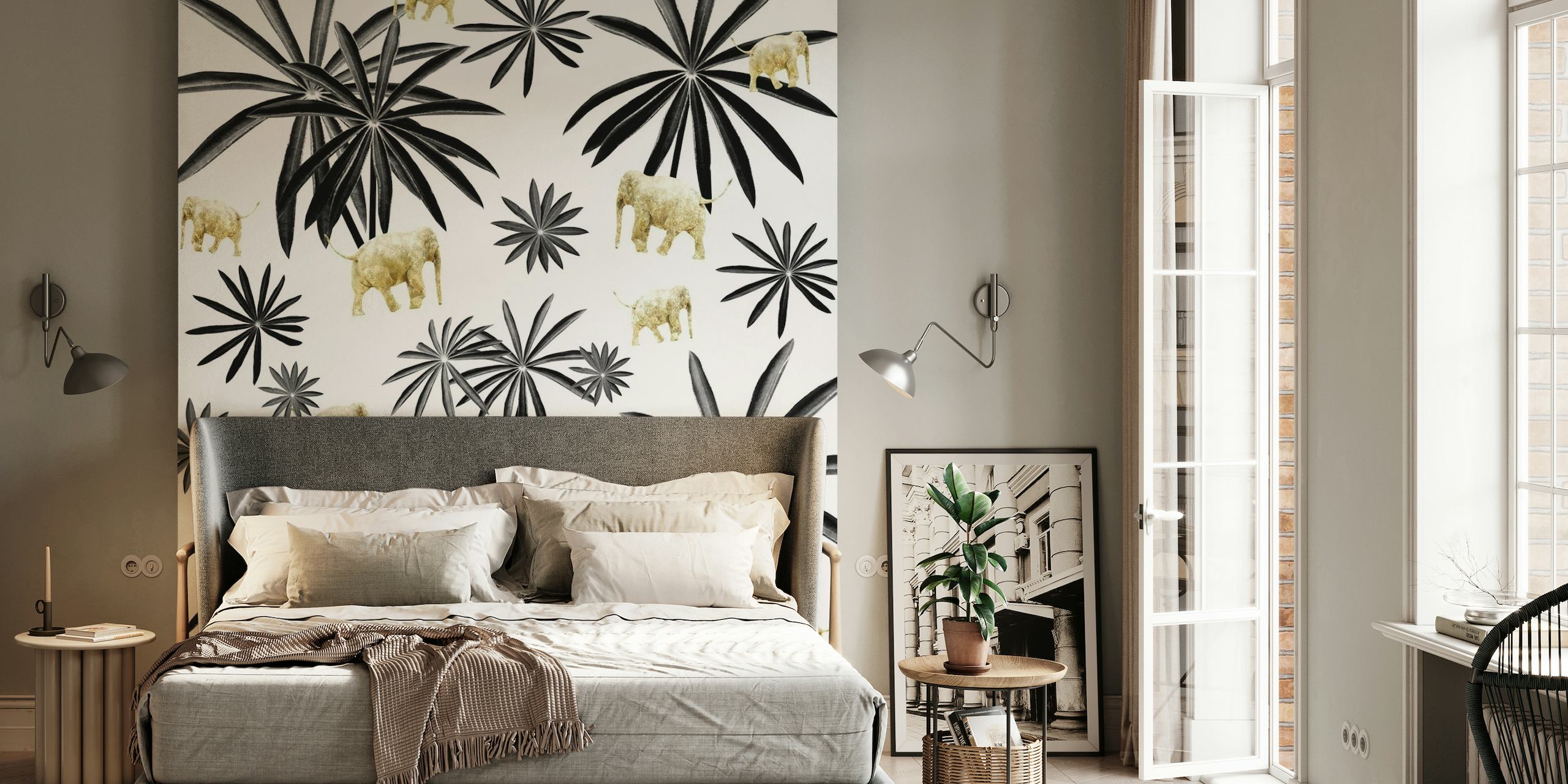 Desenho de fotomural vinílico de parede com folhas de palmeira monocromáticas e silhuetas de elefantes