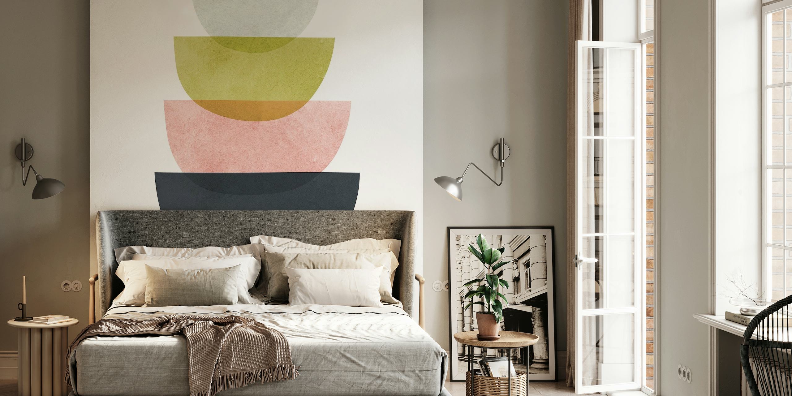 Colorful geometric abstract wall mural with overlapping semicircles in pastel shades.
