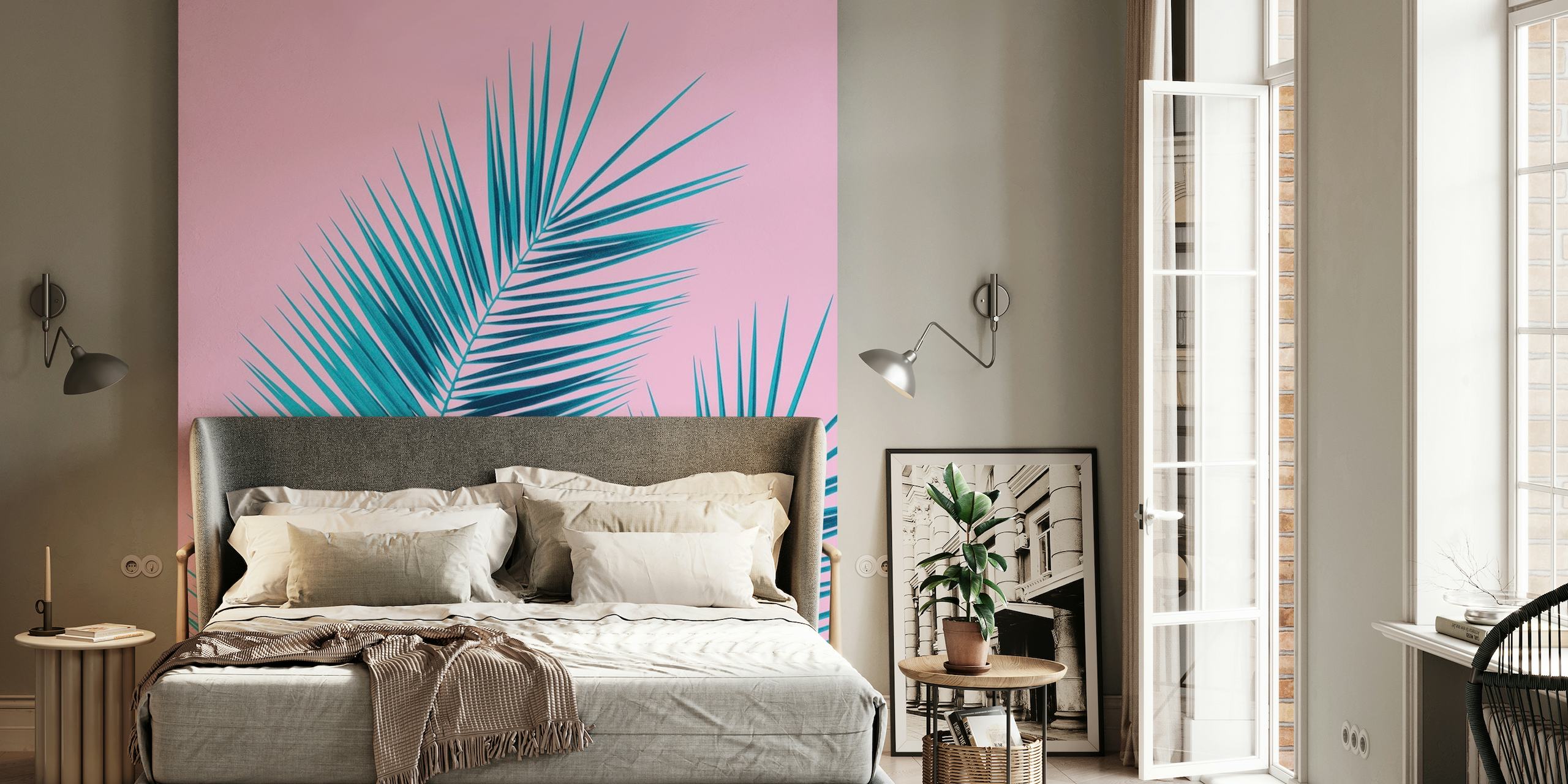 Nowoczesna fototapeta z liśćmi palmowymi w kolorze różowym i niebieskim
