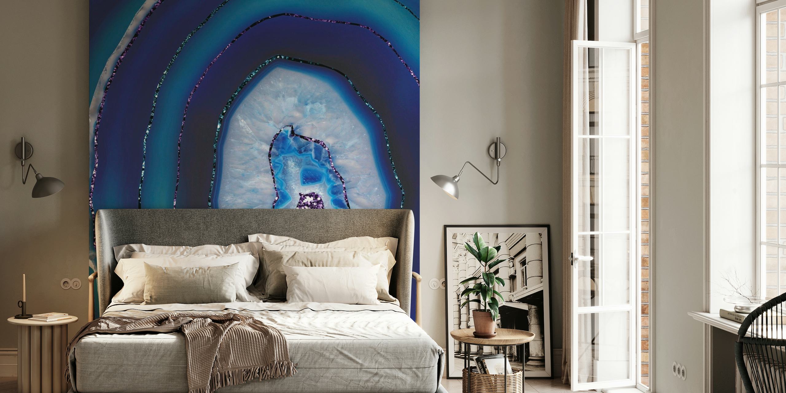 Elegante mural de pared azul púrpura de ágata sirena con motivos de piedras preciosas naturales