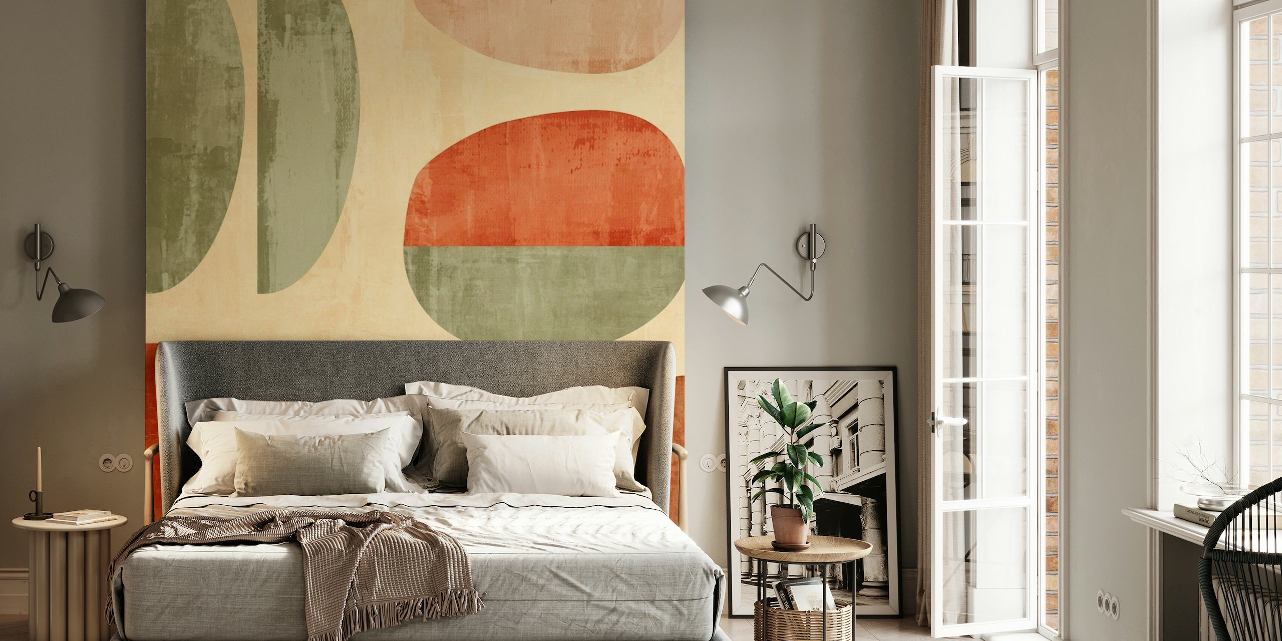 Red and Green Rustic Abstract wall mural with earthy tones and modern geometric shapes