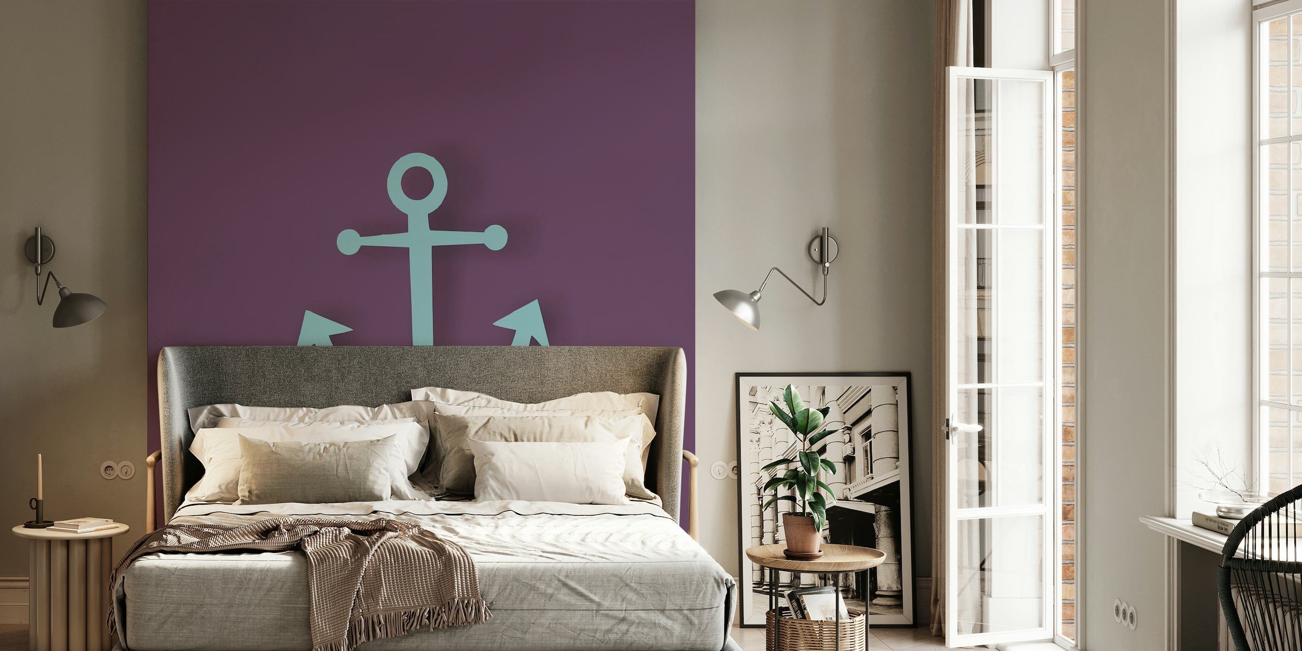 Violett lila bakgrund med en central kricka blå ankare väggmålning
