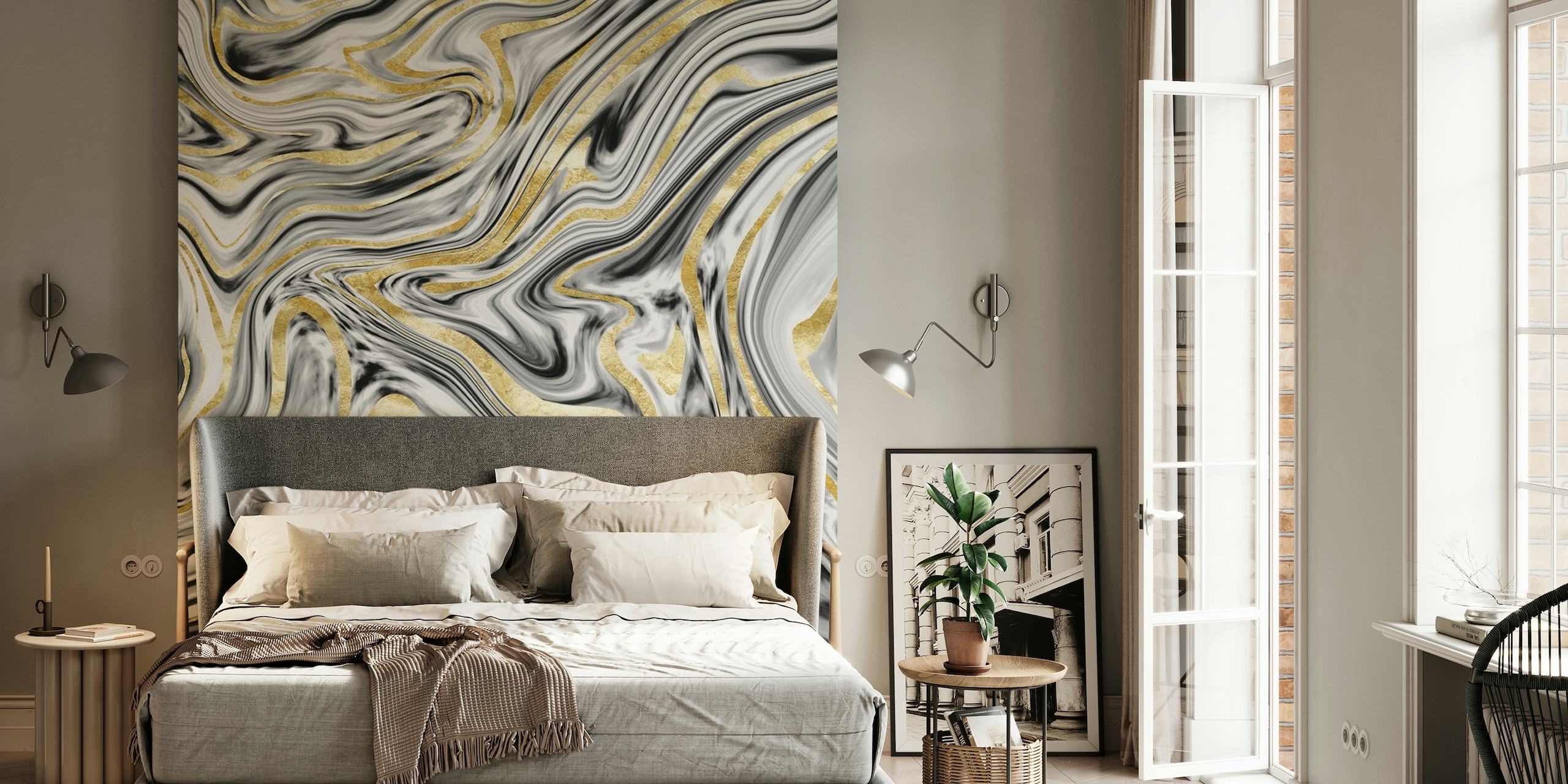 Veggmaleri med virvlende grå, svart, hvit og gull marmormønster