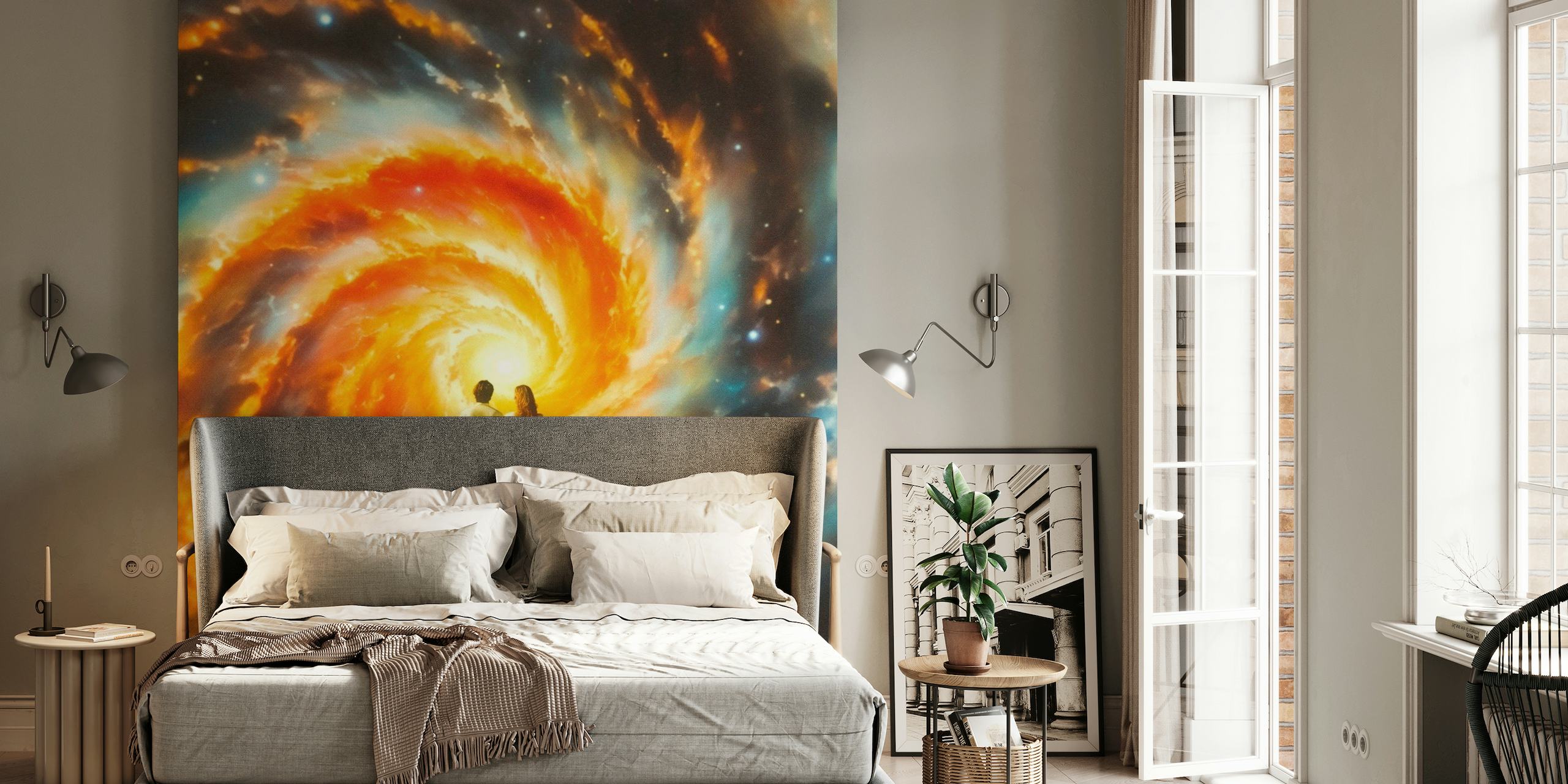 Um casal de mãos dadas contra um vibrante fotomural vinílico de parede com redemoinho de galáxia